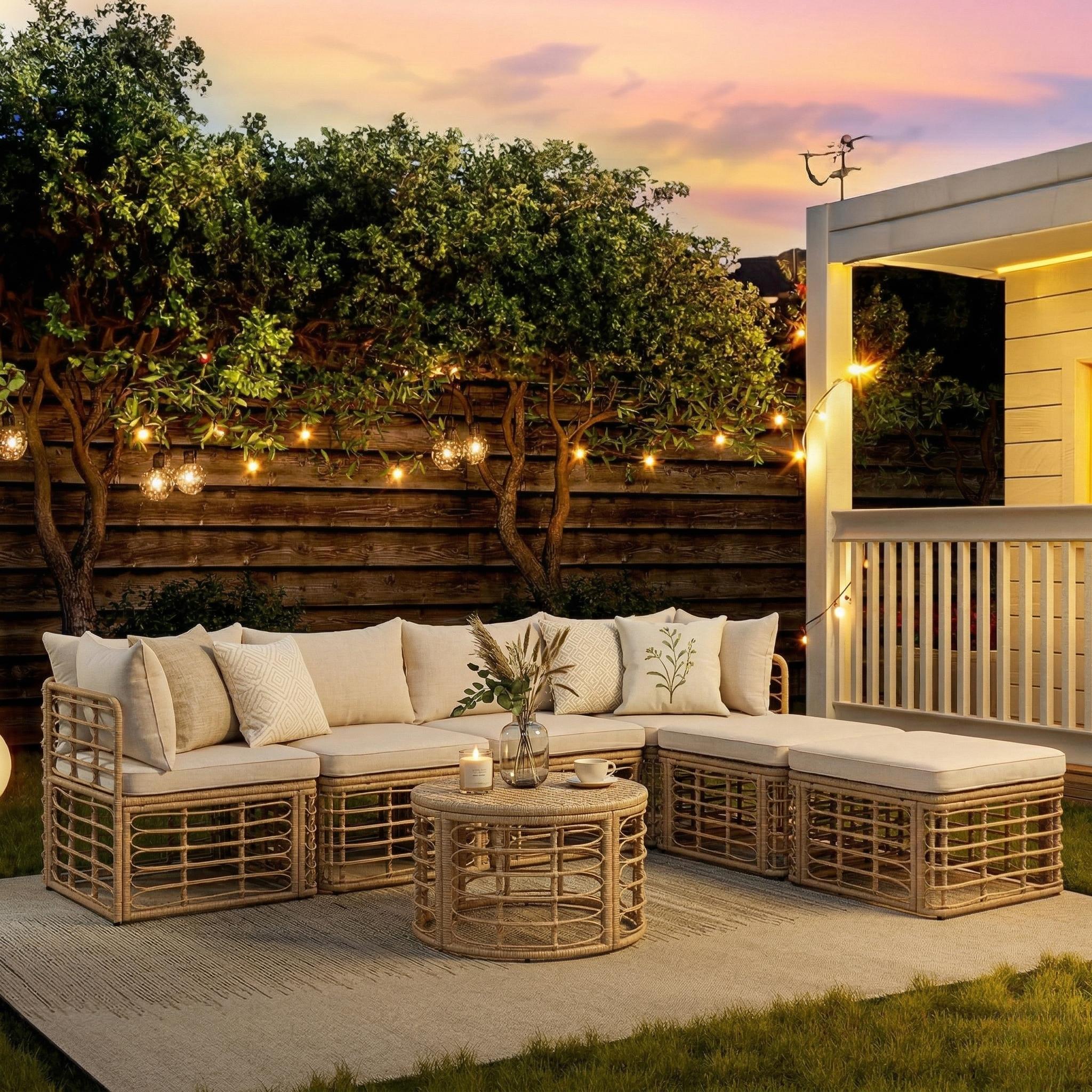 7 Pieces Outdoor Patio Furniture, All-Weather Rattan Sectional Sofa Set with table