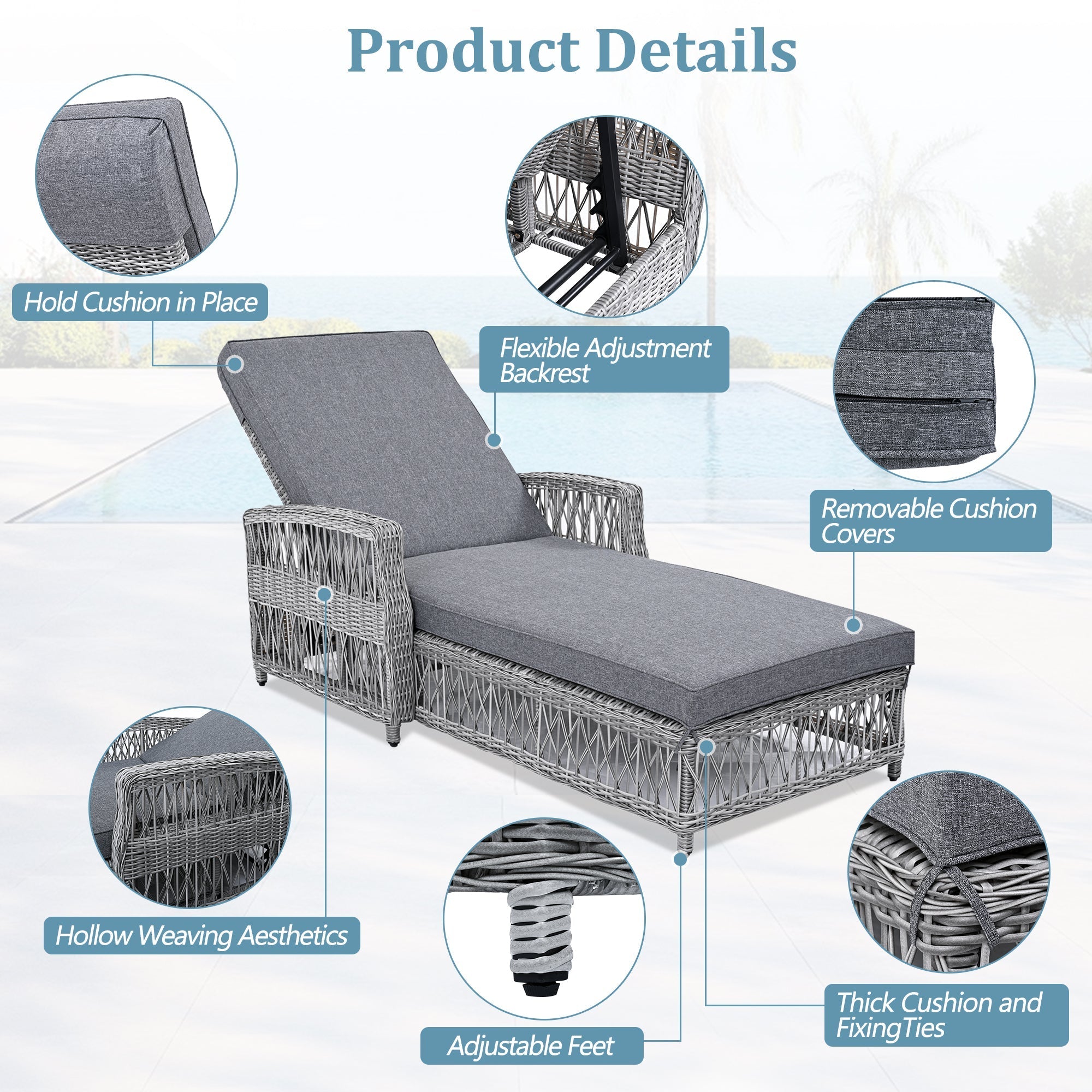 Outdoor Long Reclining Chaise with Armrests and Cushions