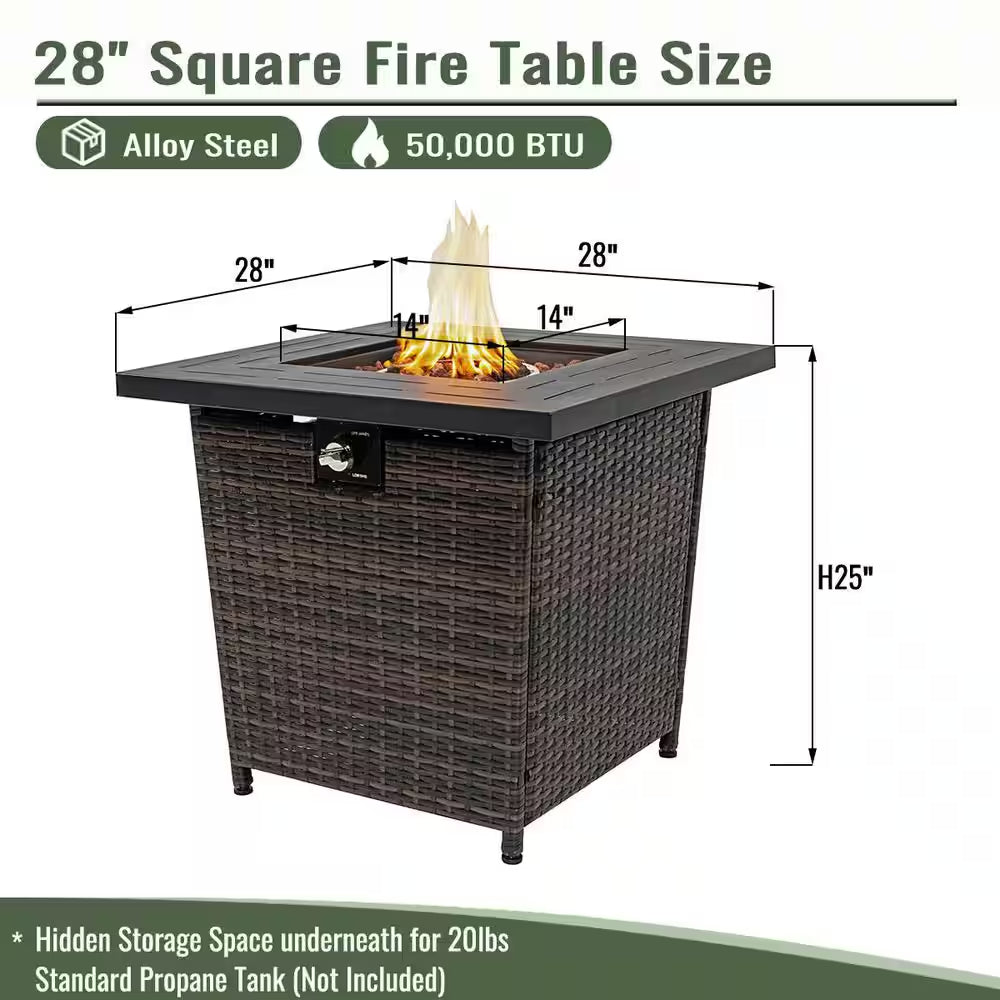 28 In. W X 25 In. H Rattan Square Propane Fire Pit Table in Black Brown