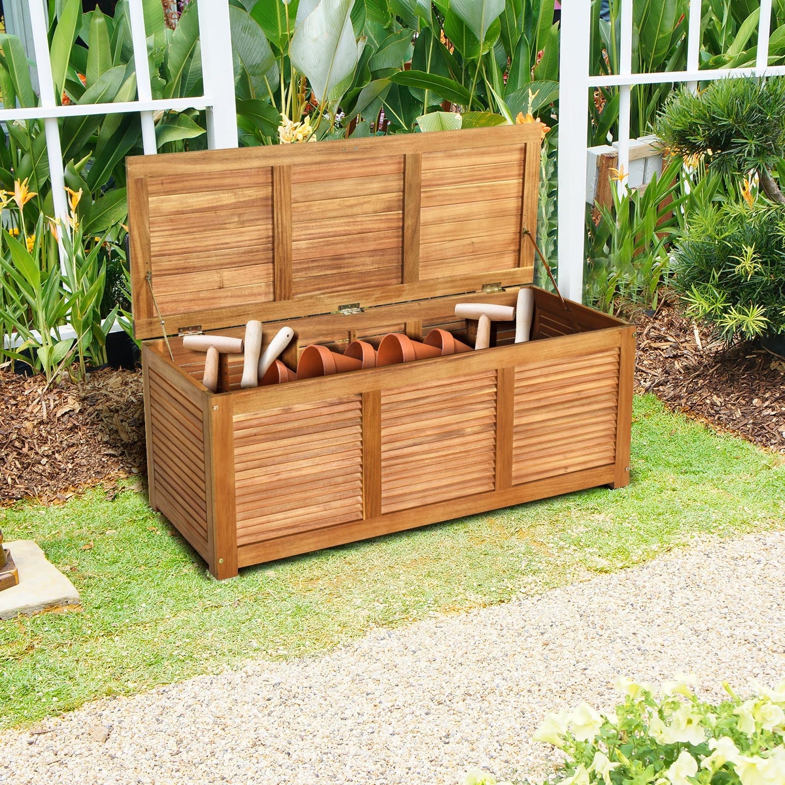46 Gallon Acacia Wood Storage Bench Box for Patio, Garden, Balcony or Deck