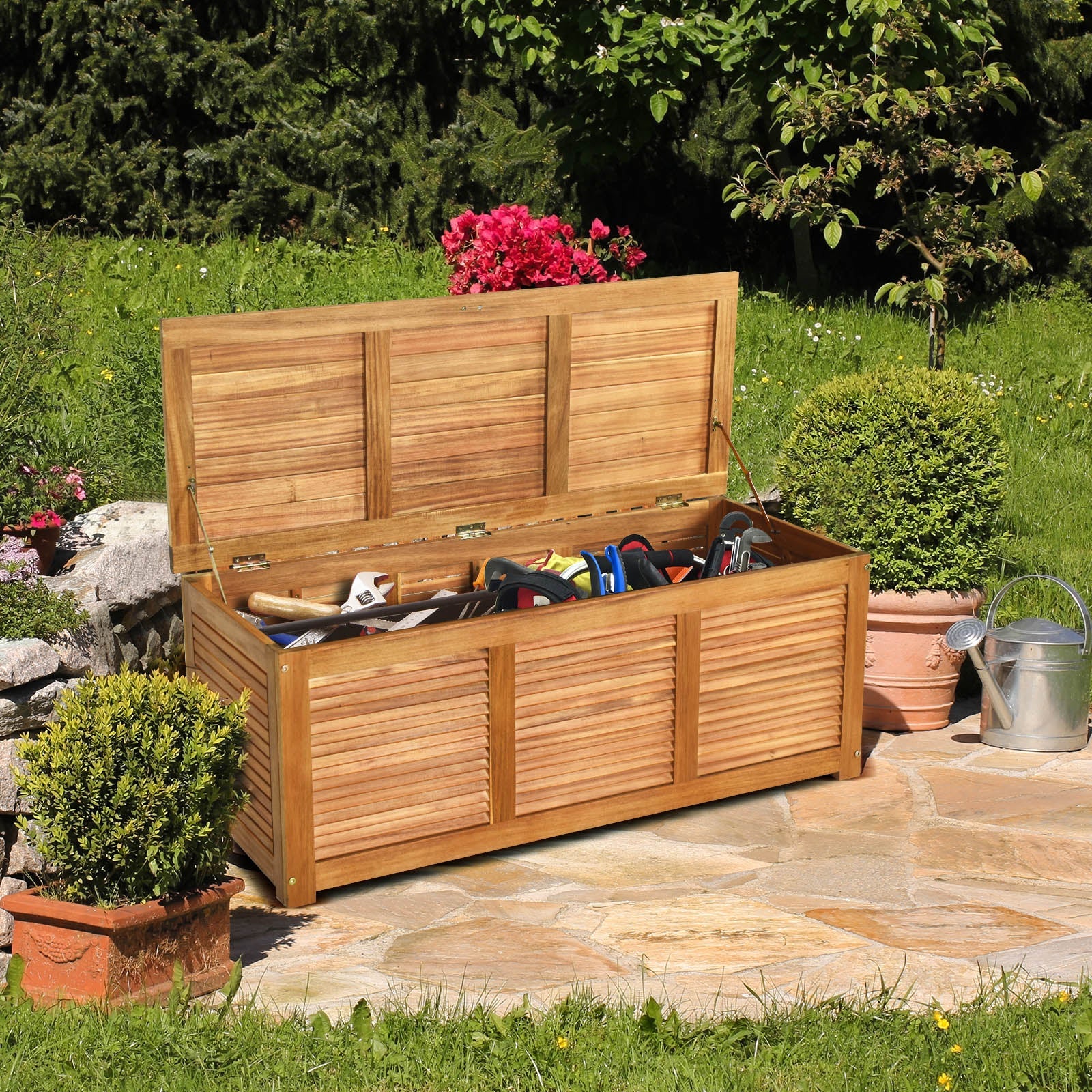 46 Gallon Acacia Wood Storage Bench Box for Patio, Garden, Balcony or Deck