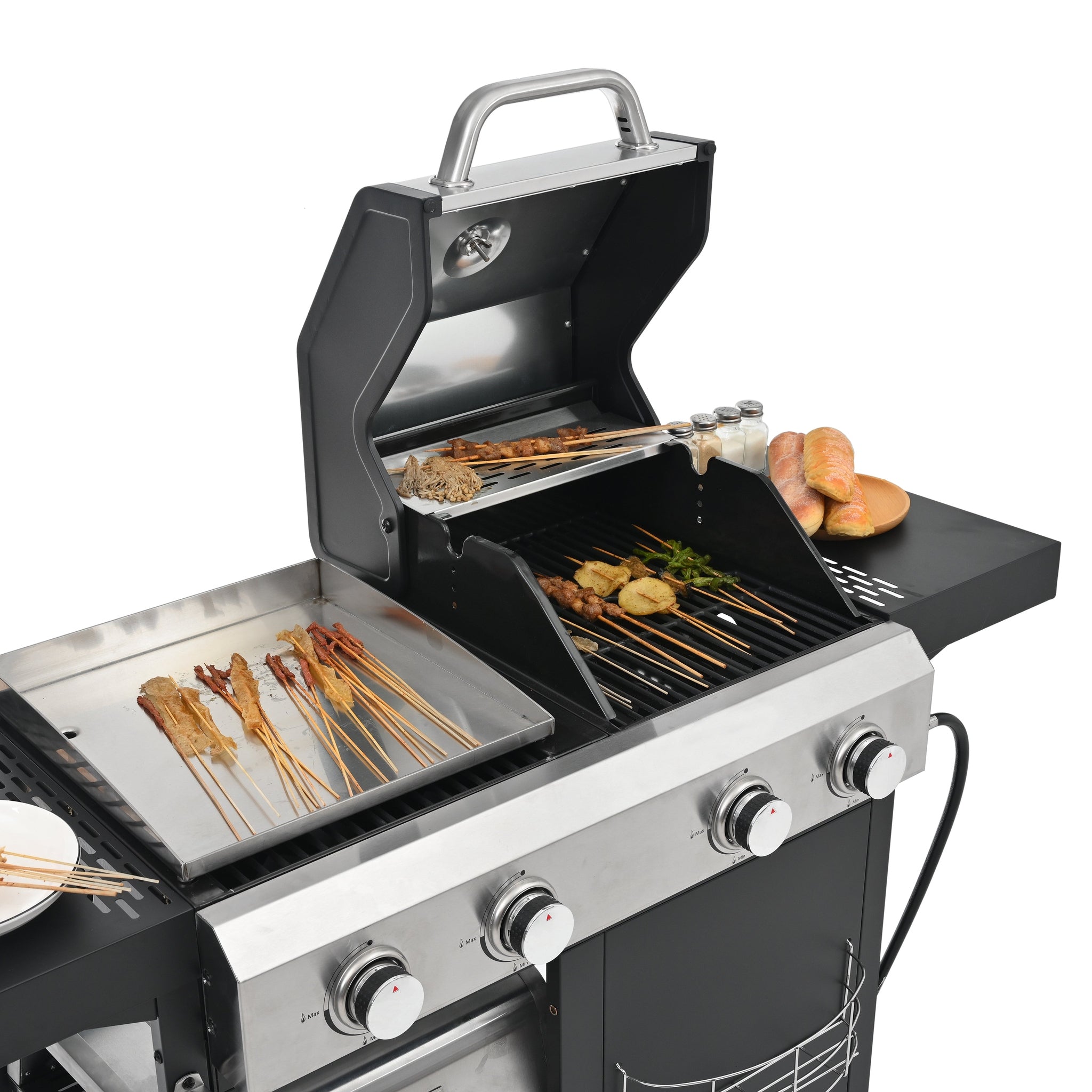 2+2 multifunctional gas barbecue grill and covered grill combination for outdoor cooking