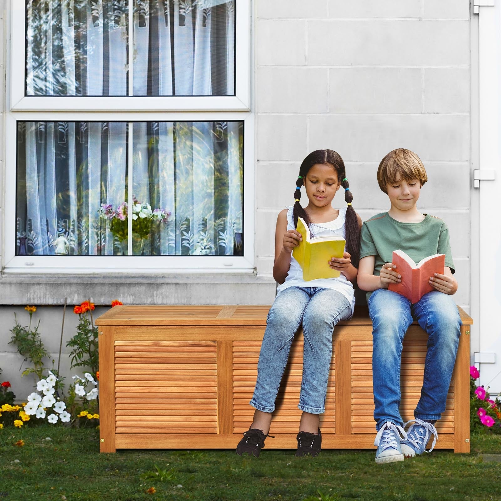 46 Gallon Acacia Wood Storage Bench Box for Patio, Garden, Balcony or Deck