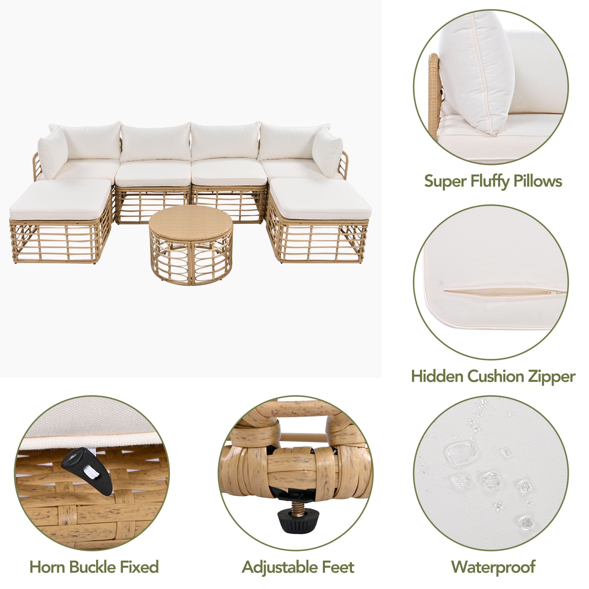 7 Pieces Outdoor Patio Furniture, All-Weather Rattan Sectional Sofa Set with table