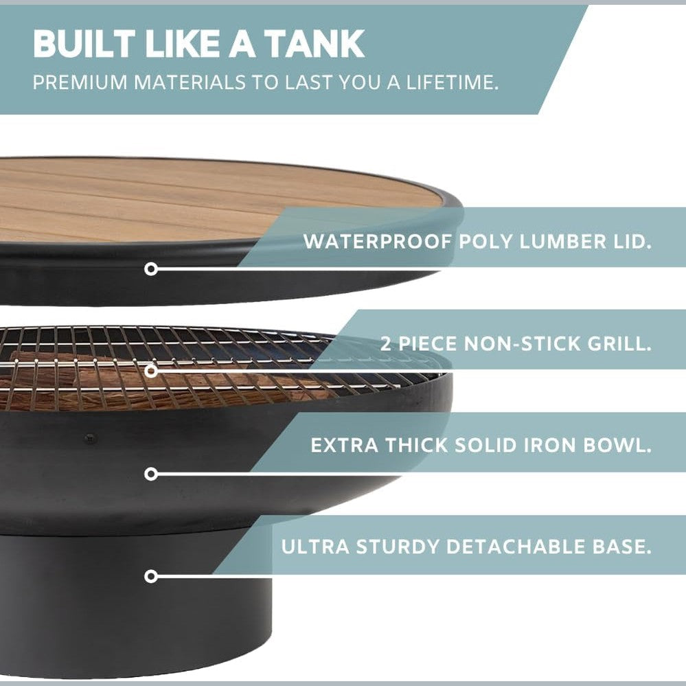 32 Inch round Fire Pit Table with Fire Pit Grill, Extra Thick, Heavy Duty Fire Bowl, Deep Outdoor Firepit, Wood Burning Firepits for outside Patio, Backyard Fire Pits, Large BBQ Pit