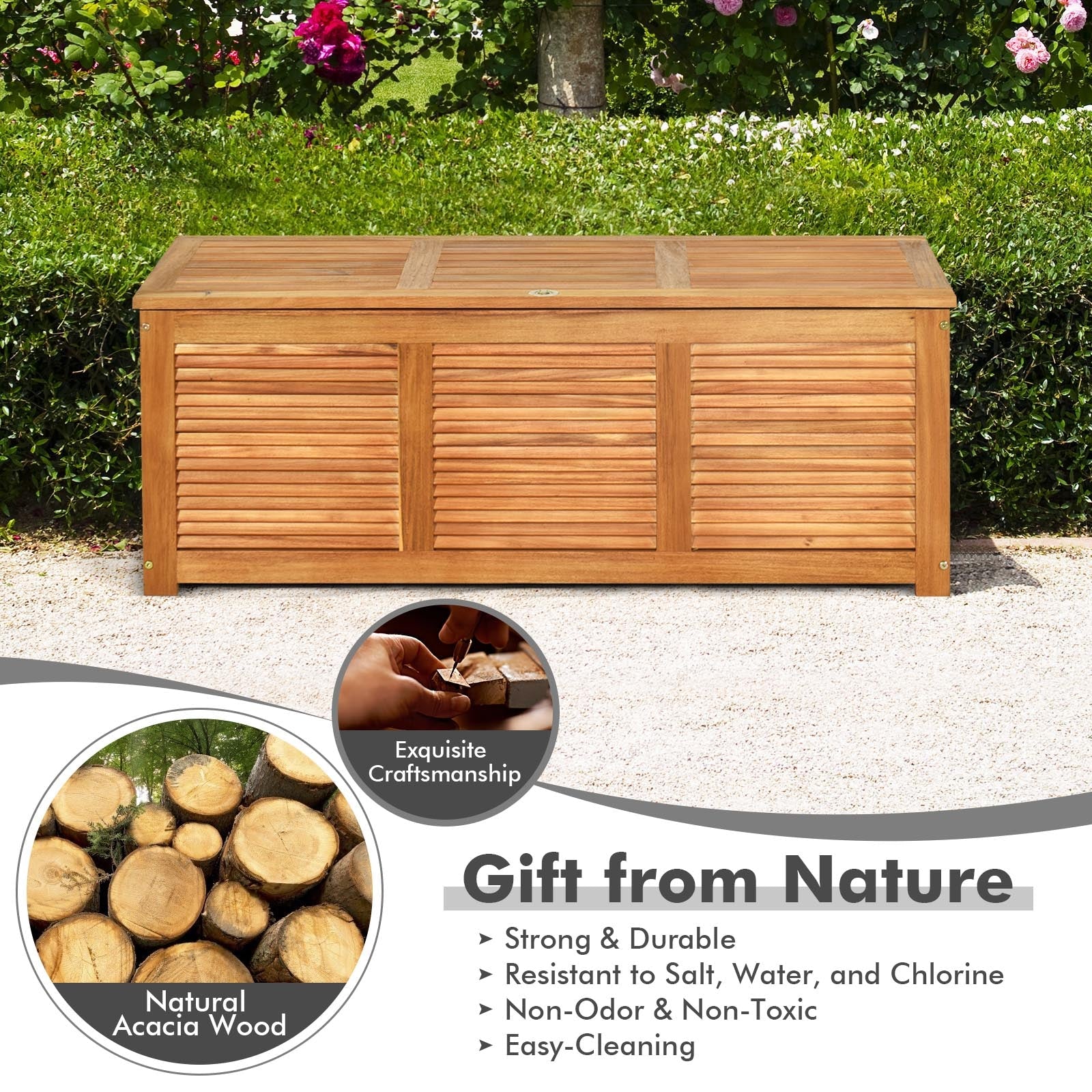46 Gallon Acacia Wood Storage Bench Box for Patio, Garden, Balcony or Deck