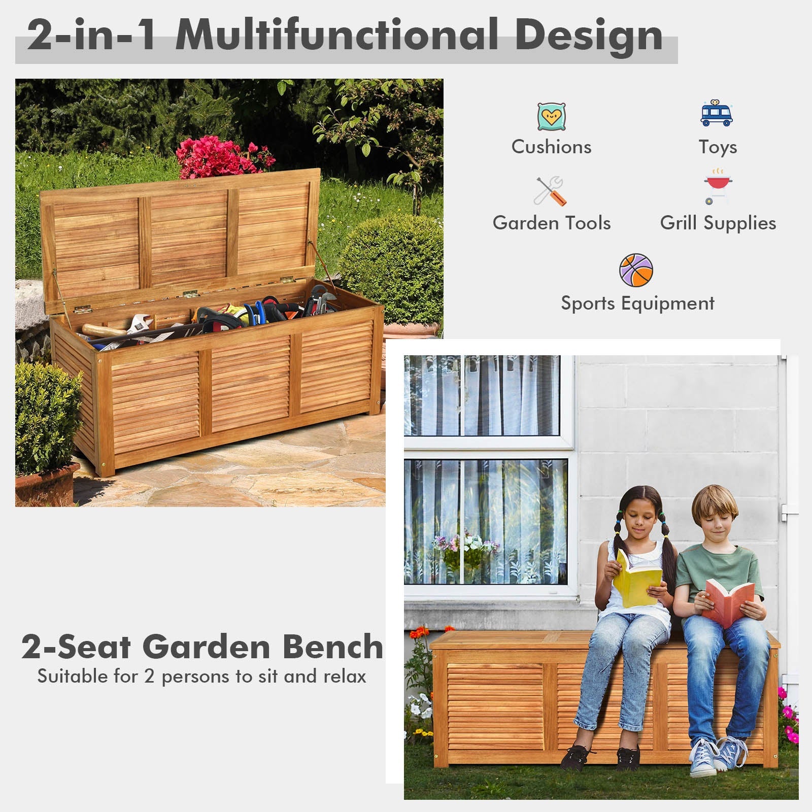 46 Gallon Acacia Wood Storage Bench Box for Patio, Garden, Balcony or Deck