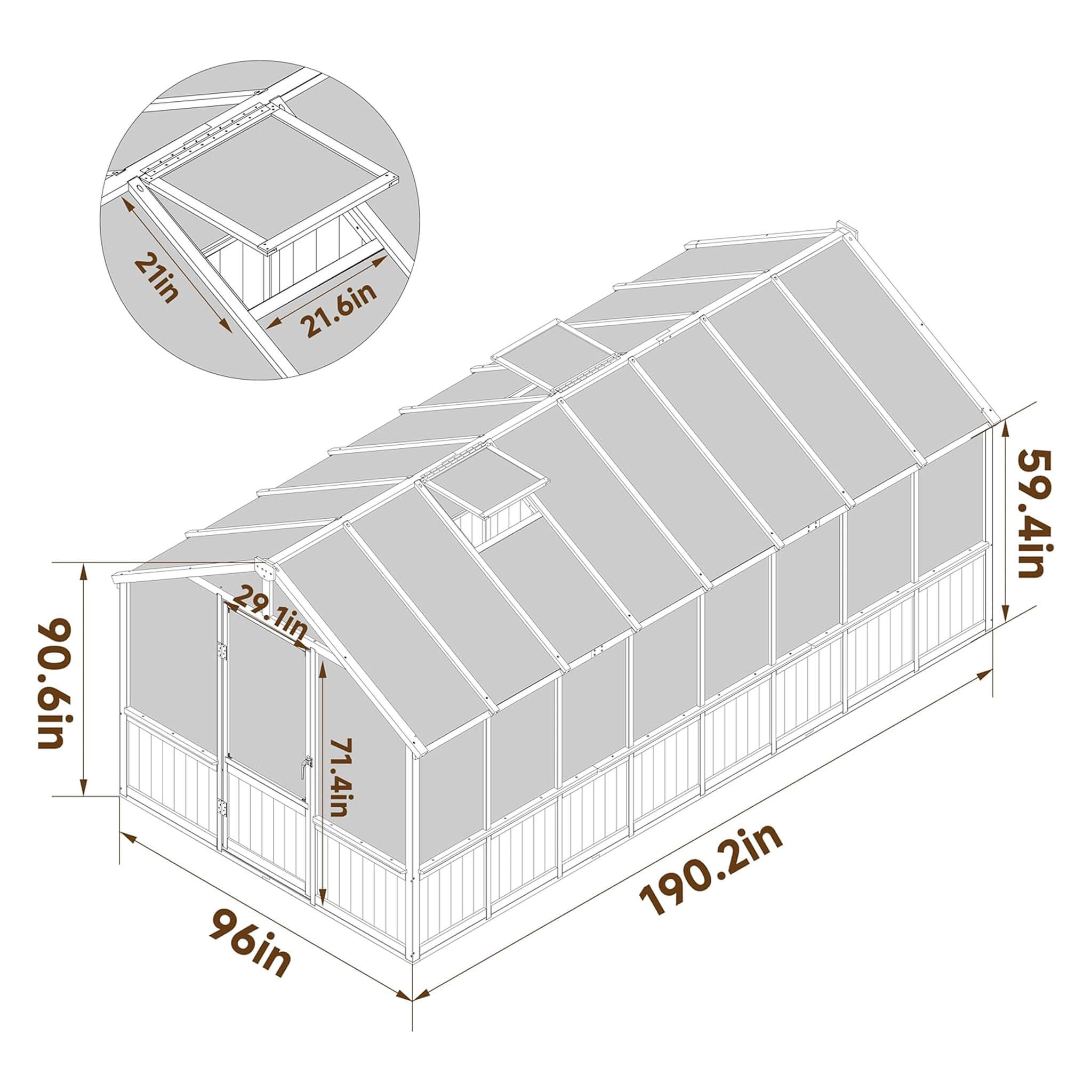 8 X 16FT Large Heavy-Duty Outdoor Wooden Greenhouse with 6MM Polycarbonate Panels