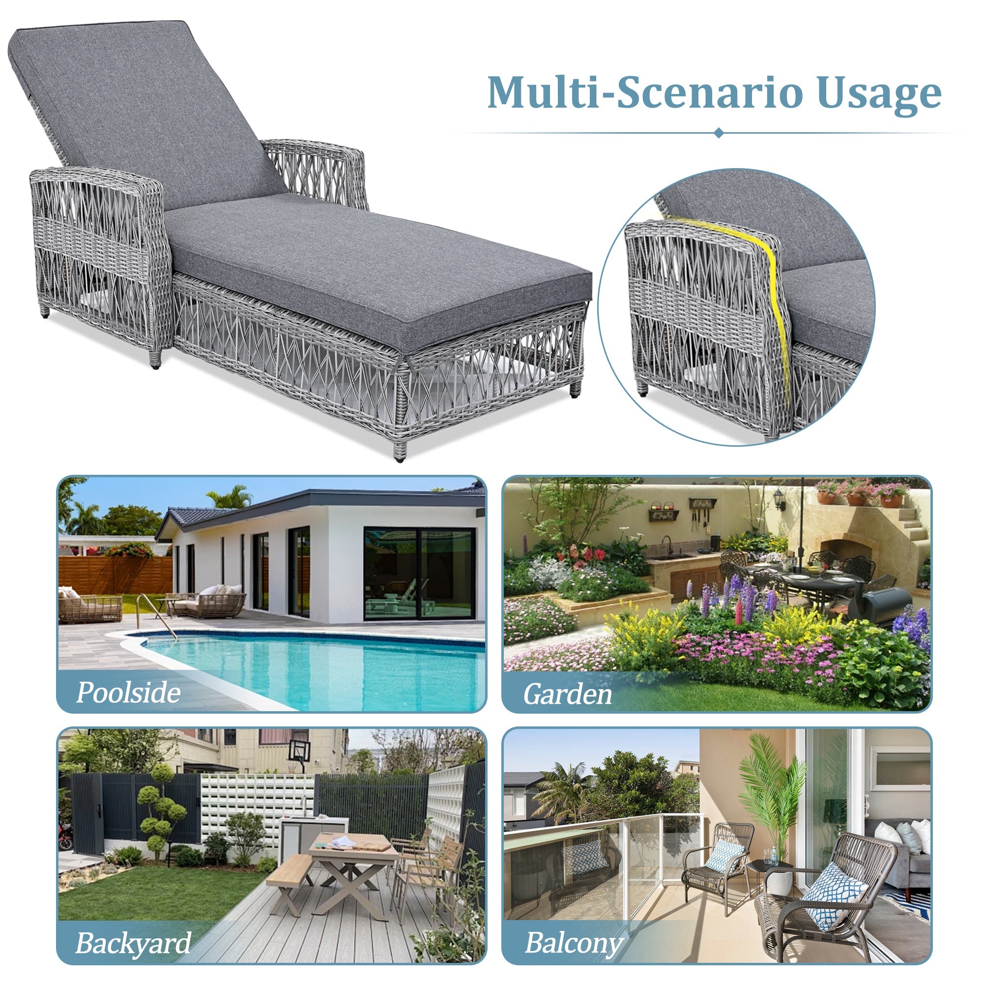Outdoor Long Reclining Chaise with Armrests and Cushions