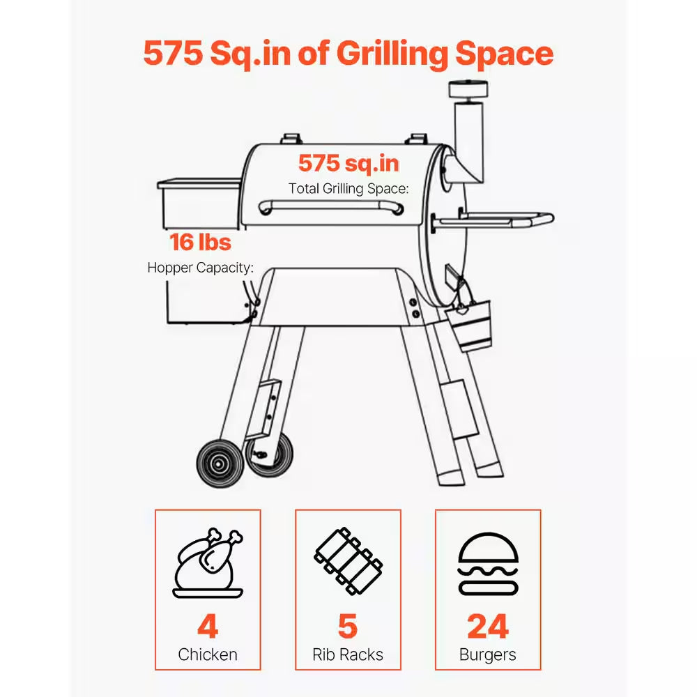 Wood Pellet Grill and Smoker, 8 in 1 BBQ Grills for Outdoor Cooking, 575 Sq.In. Cook Area Electric Smokers,Control Black