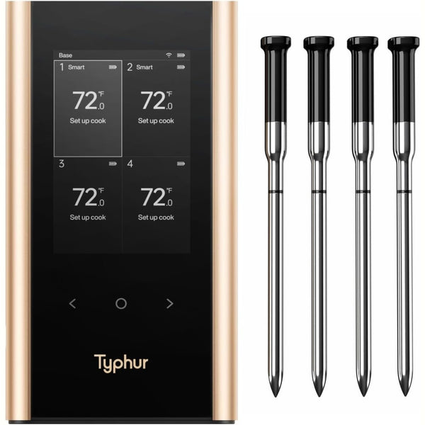 Sync Gold Wireless Wifi Meat Thermometer, 4 Slim Probes, 6 Sensors, 10X Stronger Signal, Â±0.5â„‰ Accuracy, Smart Base Direct Setup, Reliable Reading through Kamado Grill, BBQ, Oven, Smoker, Air Fryer