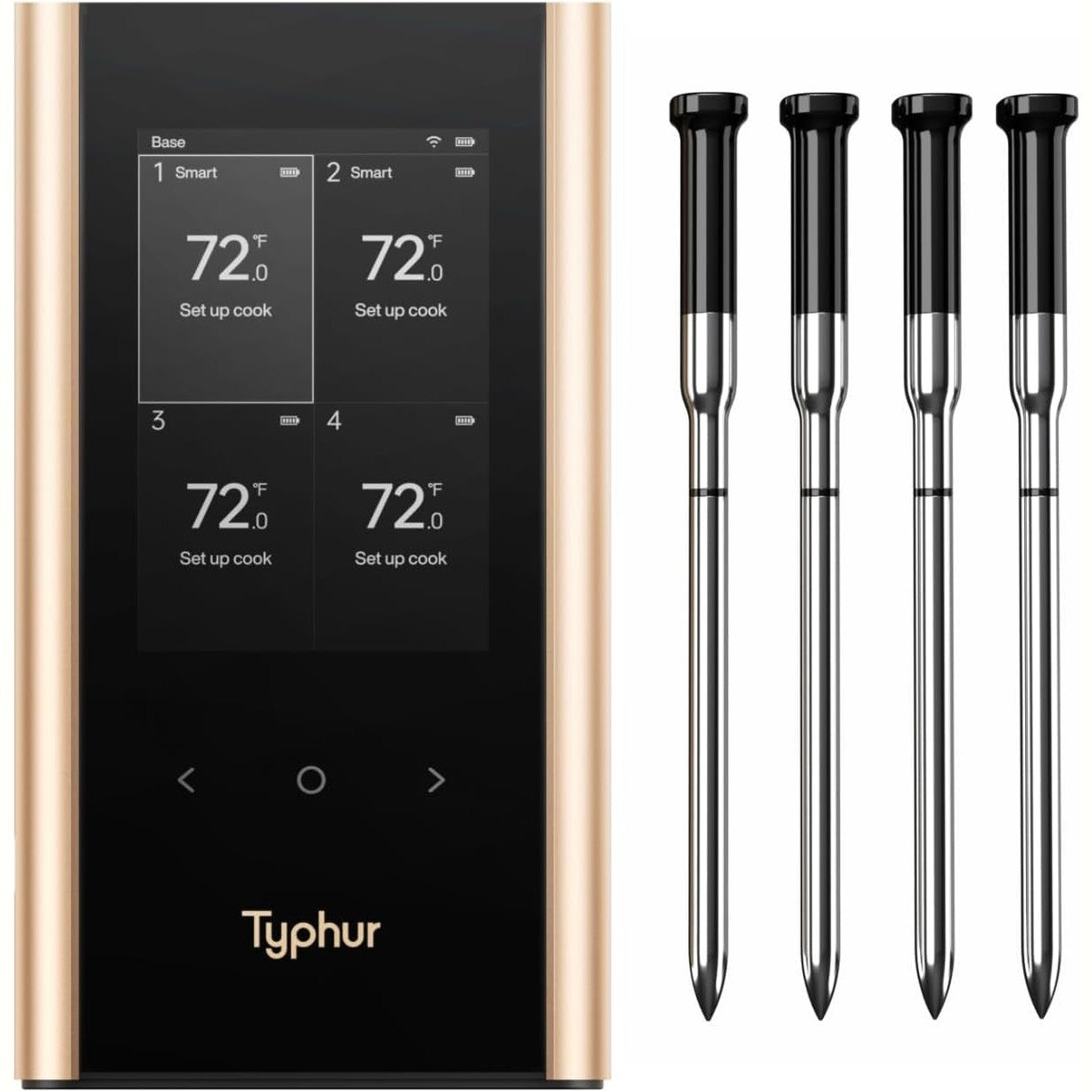 Sync Gold Wireless Wifi Meat Thermometer, 4 Slim Probes, 6 Sensors, 10X Stronger Signal, Â±0.5â„‰ Accuracy, Smart Base Direct Setup, Reliable Reading through Kamado Grill, BBQ, Oven, Smoker, Air Fryer