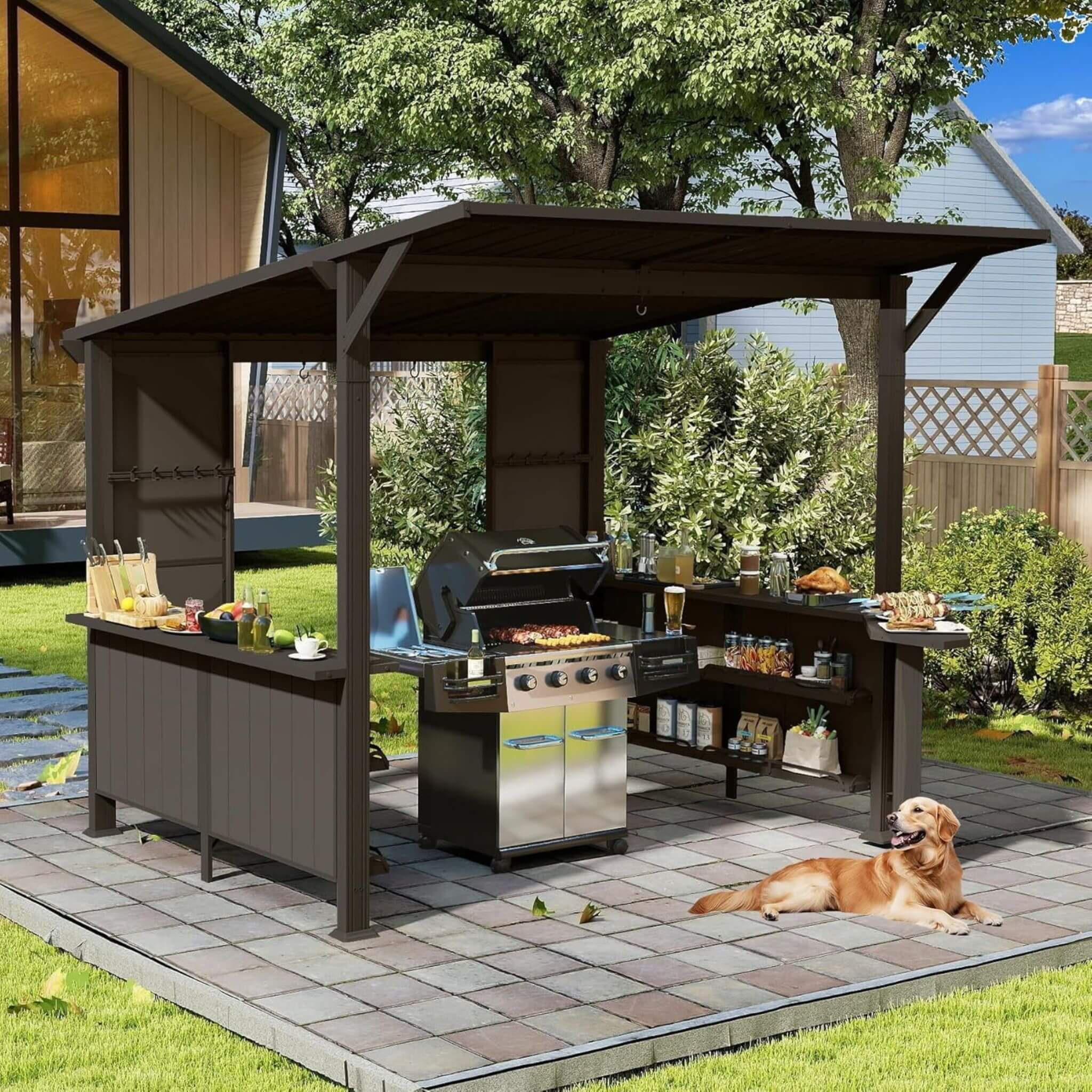 9 X 10 Ft  Premium Outdoor Hardtop Grill Gazebo with Shelves