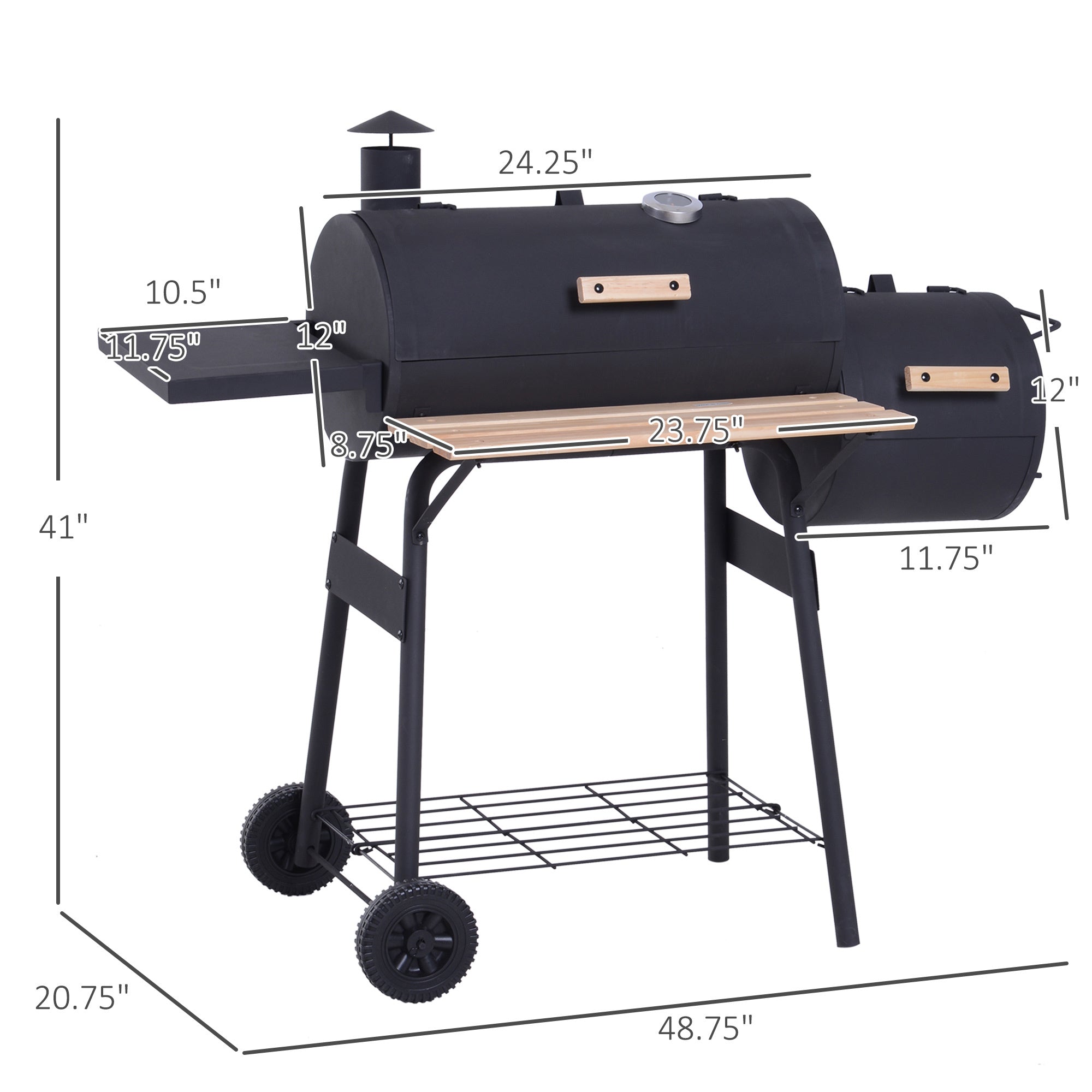 48" Steel Portable Backyard Charcoal BBQ Grill and Offset Smoker Combo