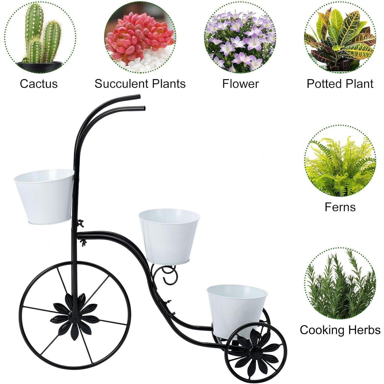 Bicycle Planter Stand, Metal Flower Pot Cart Holder Tricycle Planter with 3 Plant Bucket Outdoor Decorative for Patio, Deck, Garden or Lawn