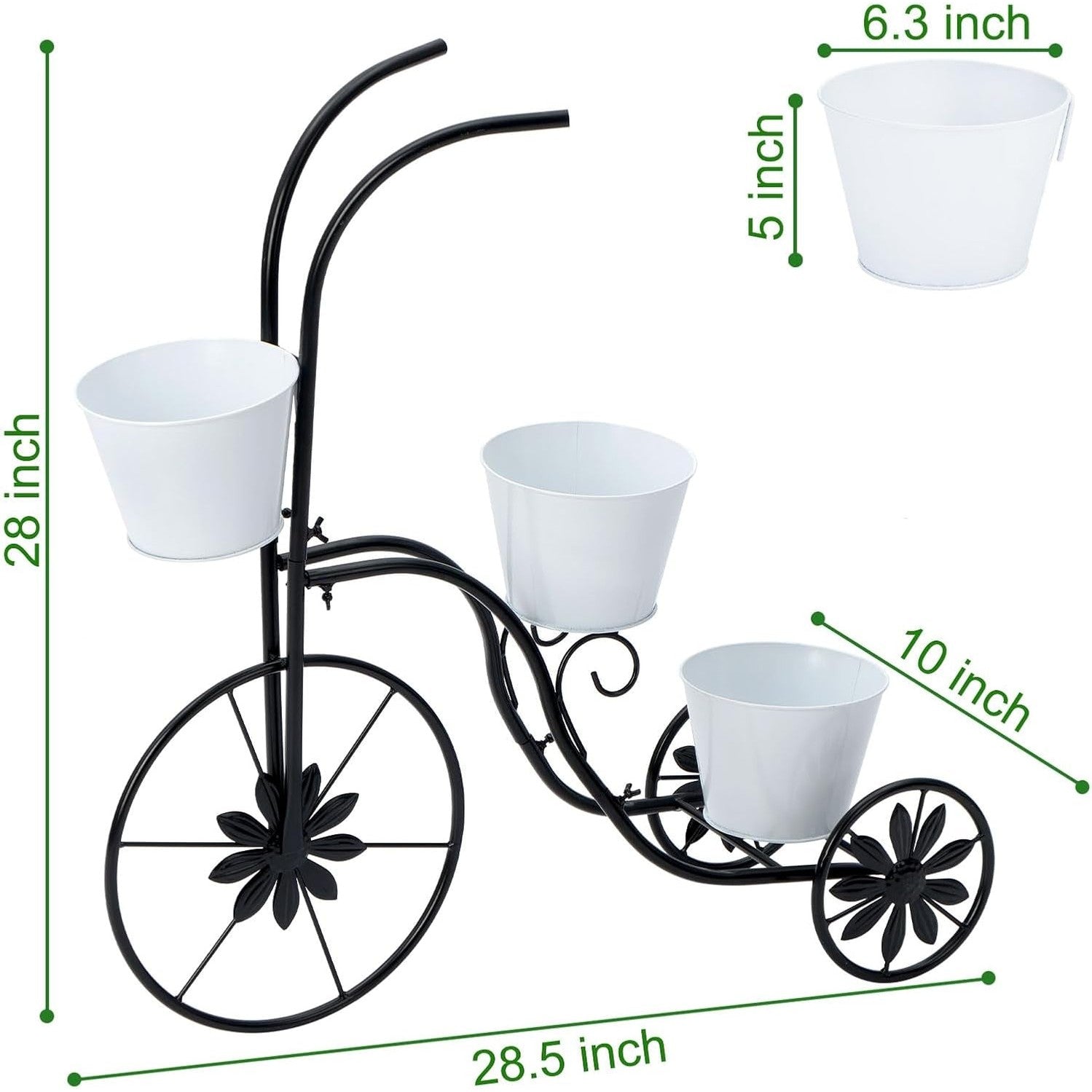 Bicycle Planter Stand, Metal Flower Pot Cart Holder Tricycle Planter with 3 Plant Bucket Outdoor Decorative for Patio, Deck, Garden or Lawn
