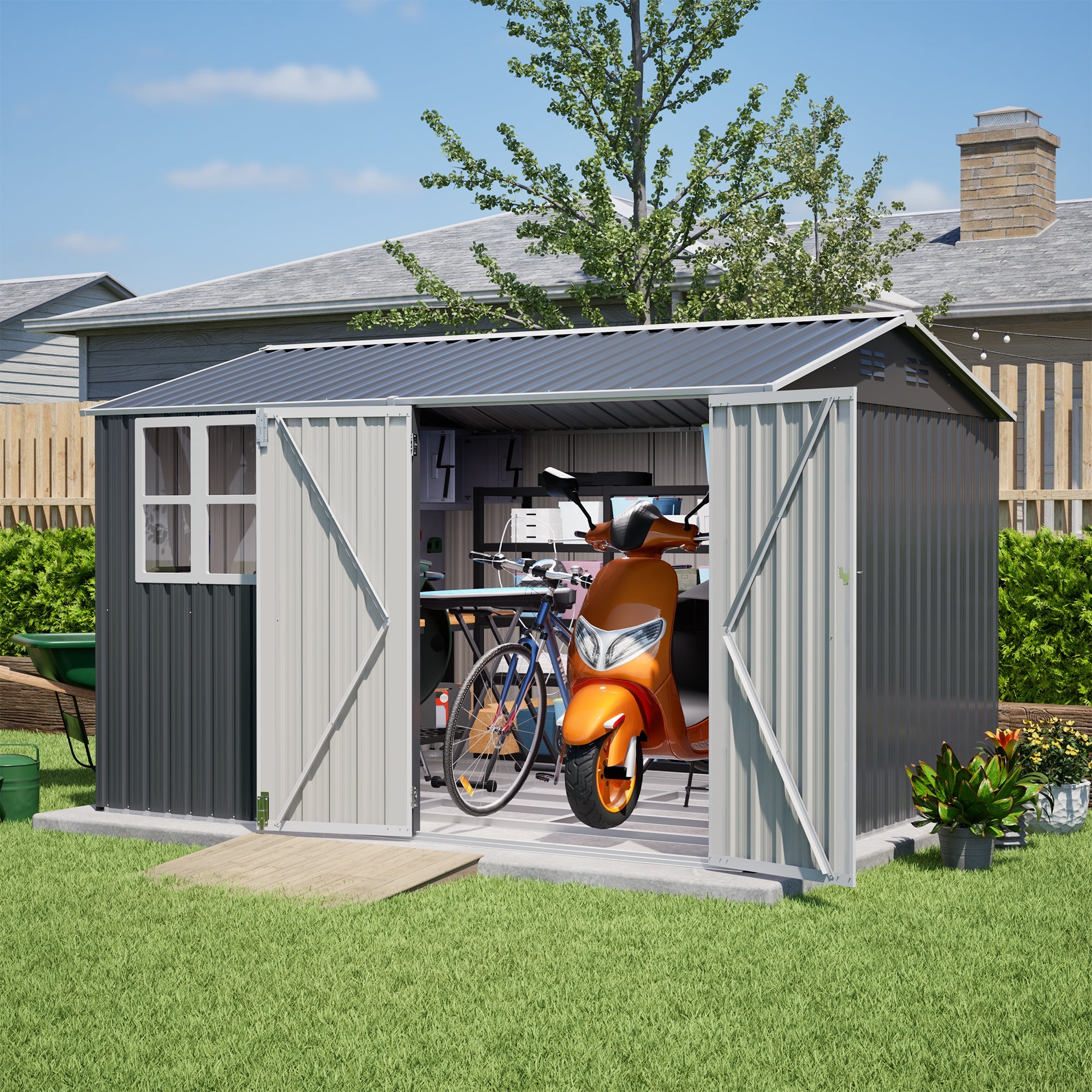 10 X 8FT Outdoor Steel Storage Shed with Clear Window & Lockable Doors