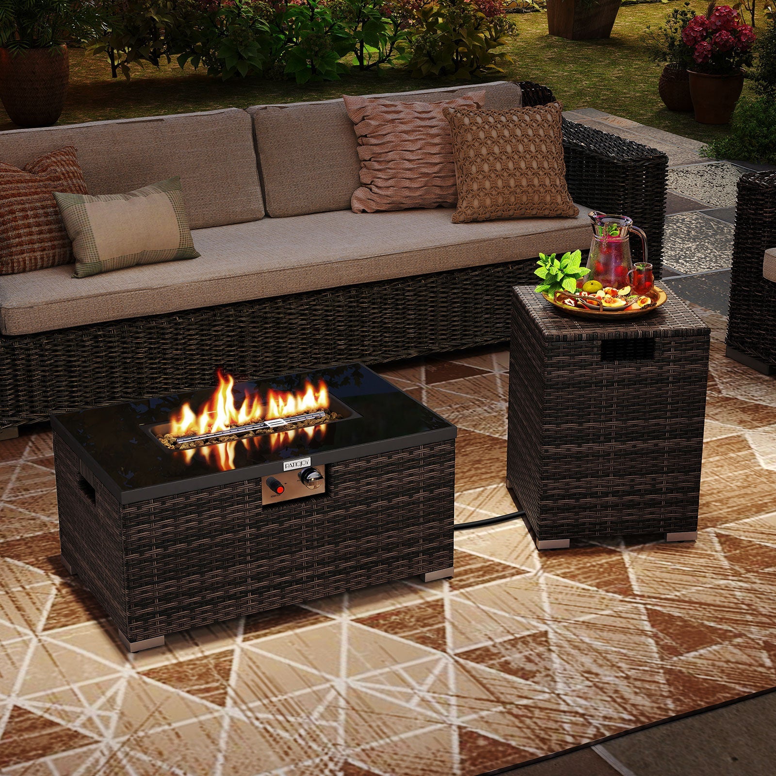 2-Piece Outdoor Rattan Fire Table Set - 32 Inch Rectangle Gas Firepit with Tank Cover - 3 colors
