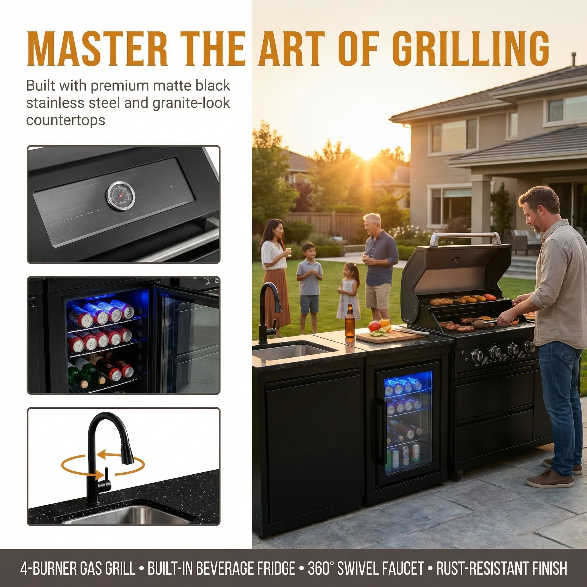 104" 4-Burner 72,000 BTU Black Outdoor Kitchen Bar Barbecue Island Grill