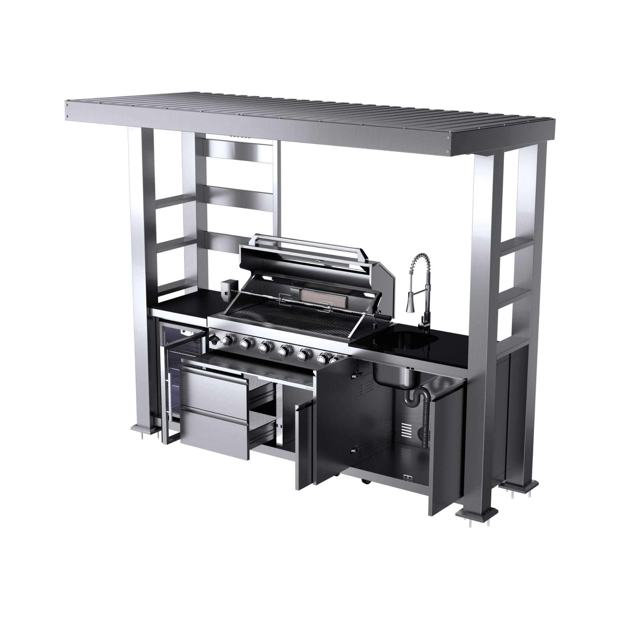Blaze 108-Inch 6-Burner 85K BTU Deluxe Stainless Steel Liquid Propane Outdoor Kitchen Grill Island With Wine Cooler, Rotisserie, Cabinets, And Granite Countertops