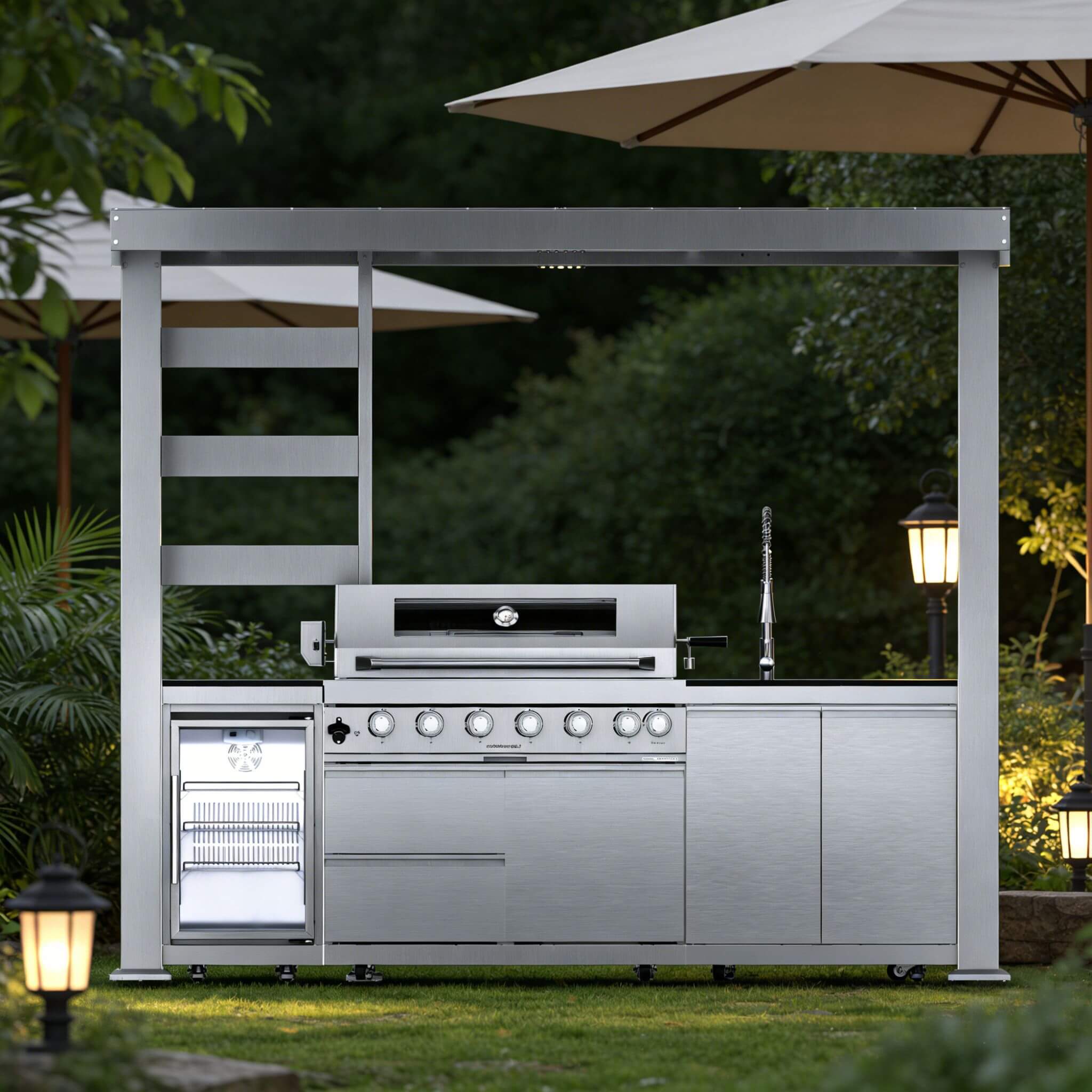 Blaze 108-Inch 6-Burner 85K BTU Deluxe Stainless Steel Liquid Propane Outdoor Kitchen Grill Island With Wine Cooler, Rotisserie, Cabinets, And Granite Countertops