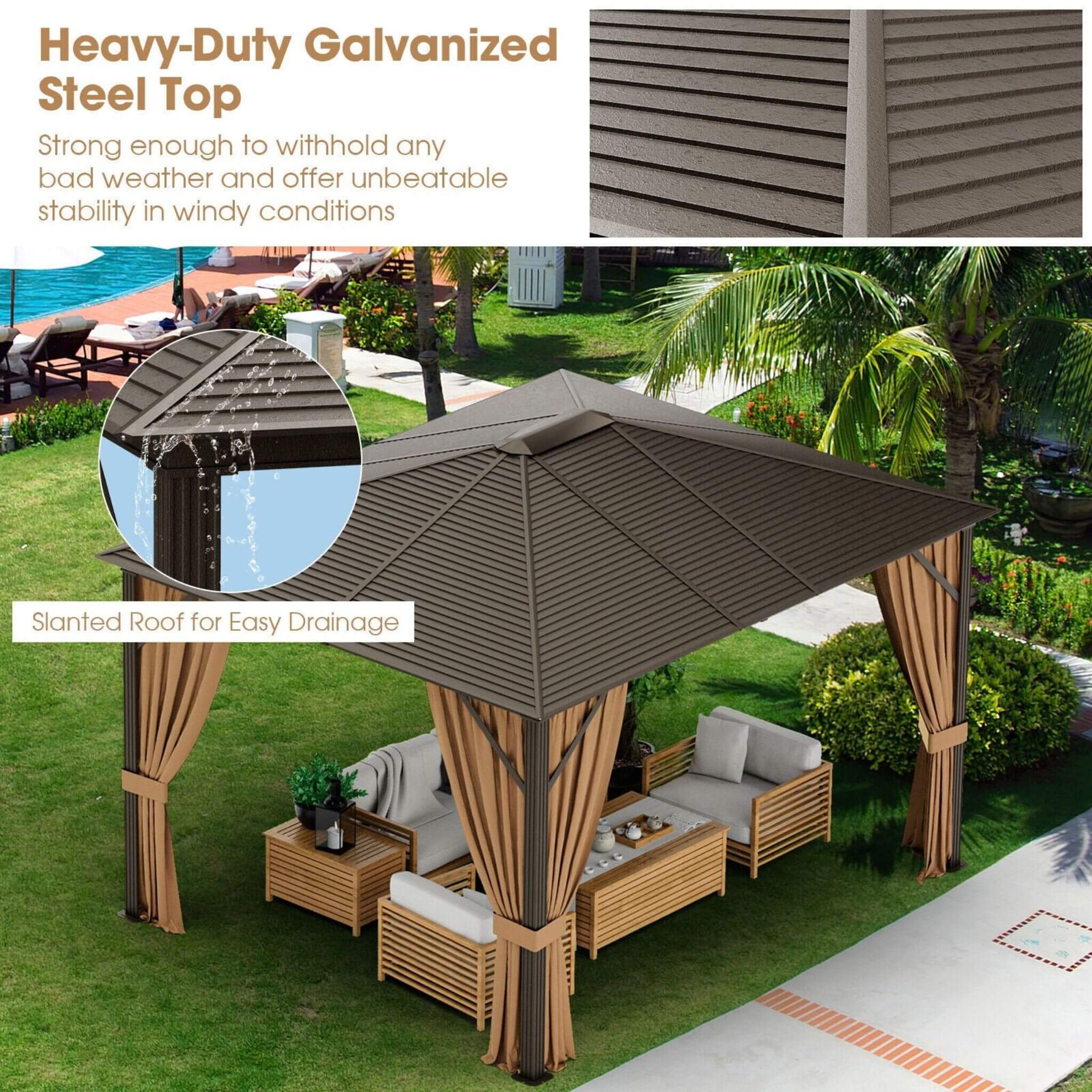 10 X 12 FT  Premium Outdoor Hardtop Patio Gazebo W/ Galvanized Steel Top & Aluminum Frame