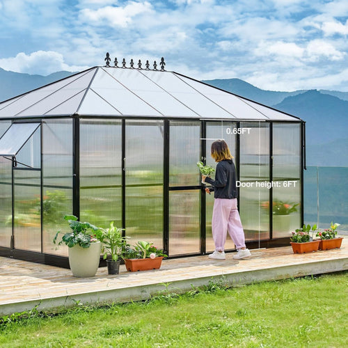 10 X 14 FT Premium Outdoor Polycarbonate Greenhouse With Aluminum Frame And Double Swing Doors