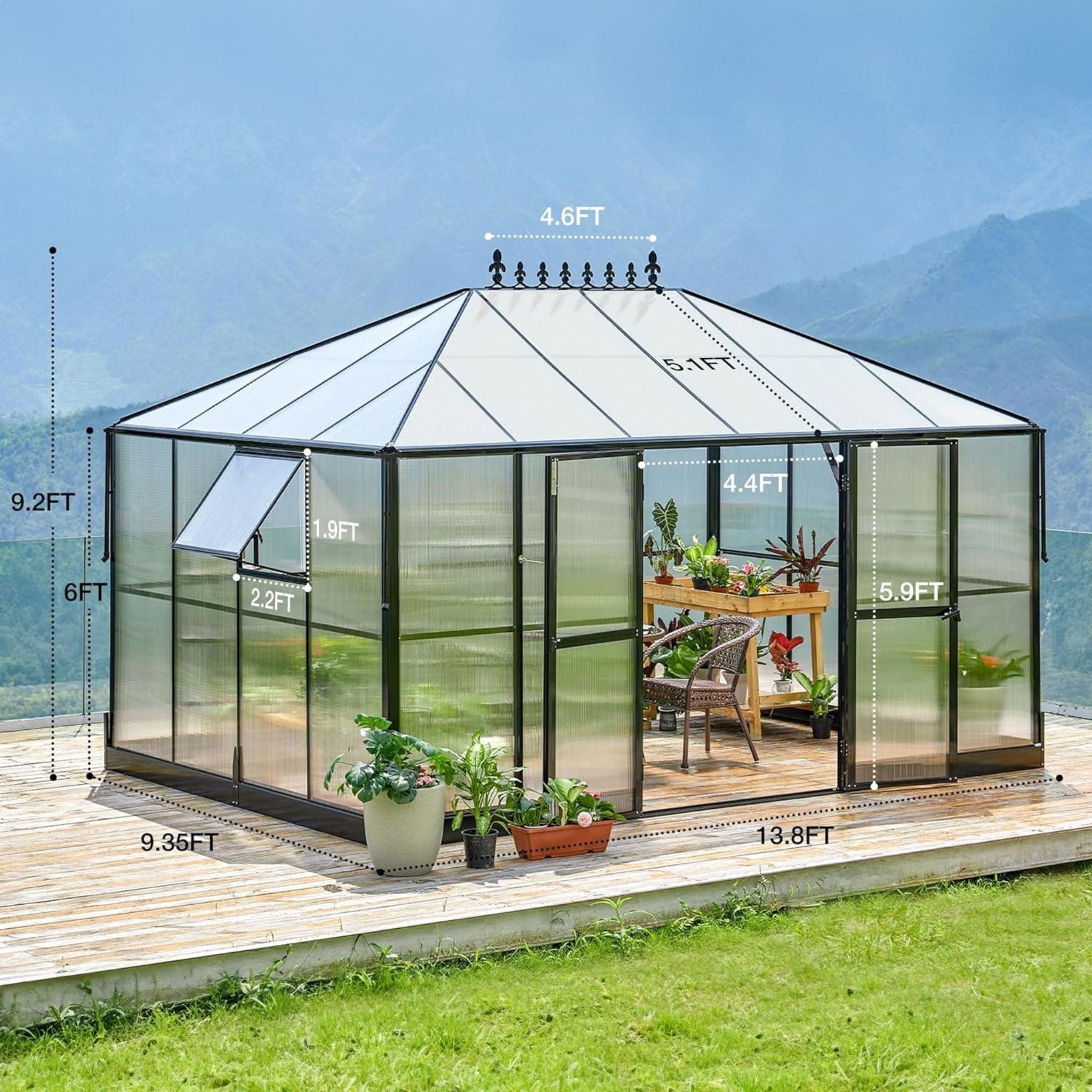 10 X 14 FT Premium Outdoor Polycarbonate Greenhouse With Aluminum Frame And Double Swing Doors