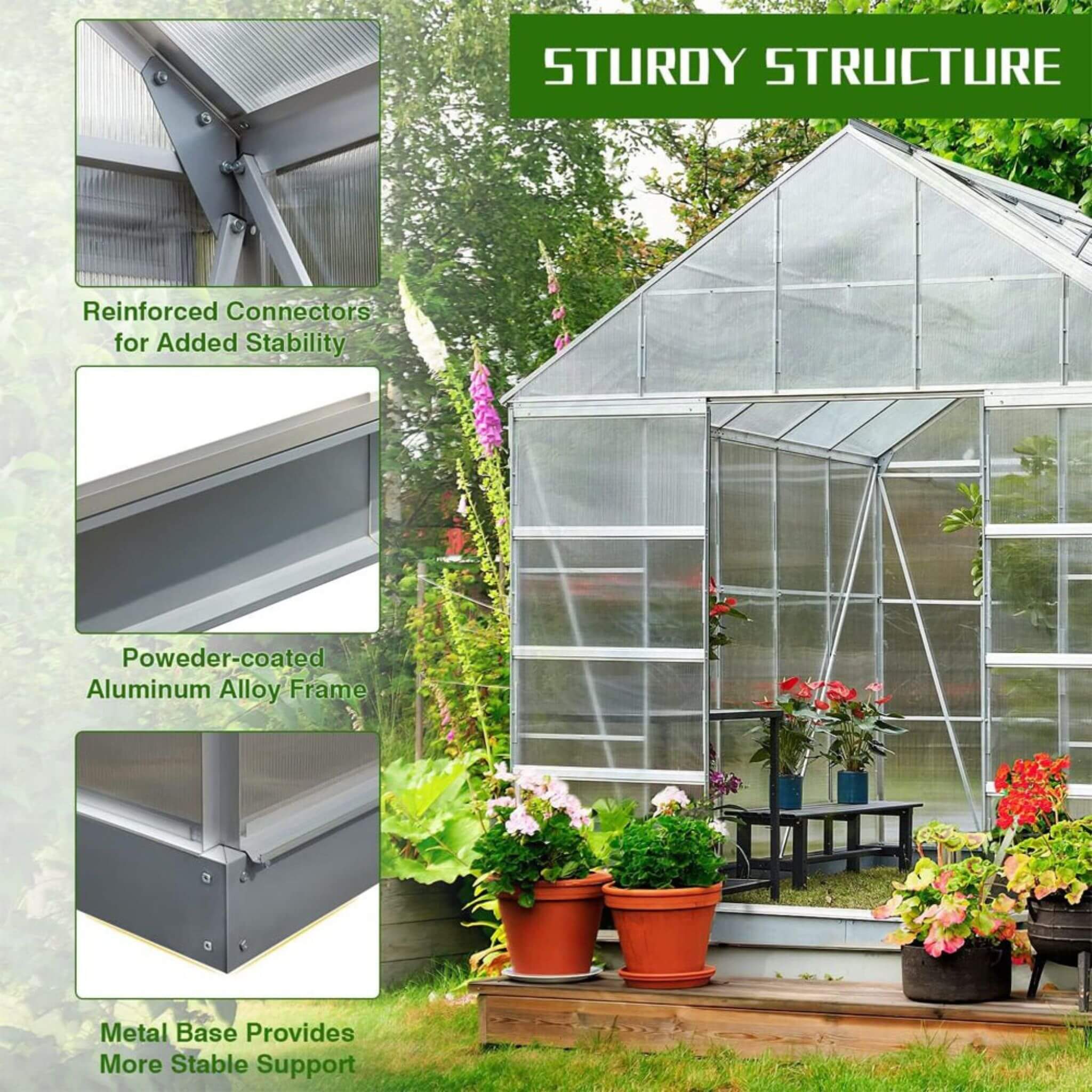 10 X 16 FT Extra Large Heavy-Duty Backyard Polycarbonate Aluminum Greenhouse With Sliding Doors And Vents