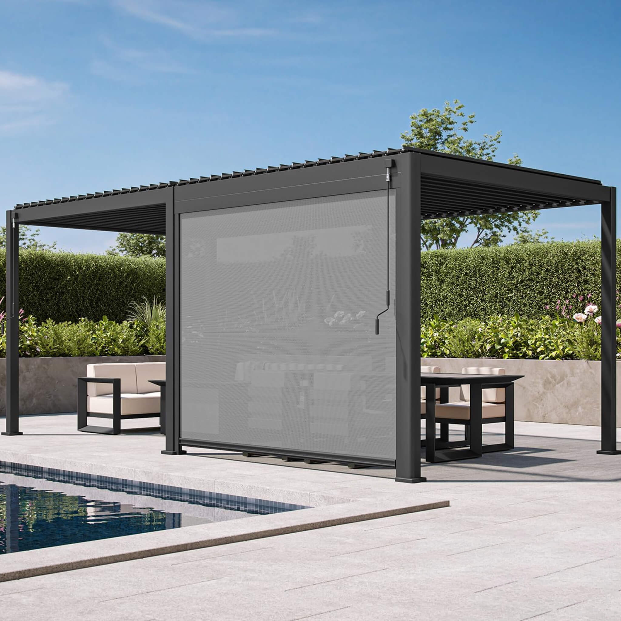 10 X 20 FT  Modern Outdoor Adjustable Charcoal Louvered Pergola with Screens and Built-In Drainage