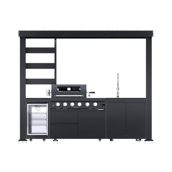 Imperial 110-Inch 4-Burner 72K BTU Deluxe Stainless Steel Outdoor Kitchen Grill Island With Wine Cooler, Rotisserie, Cabinets, And Granite Countertops