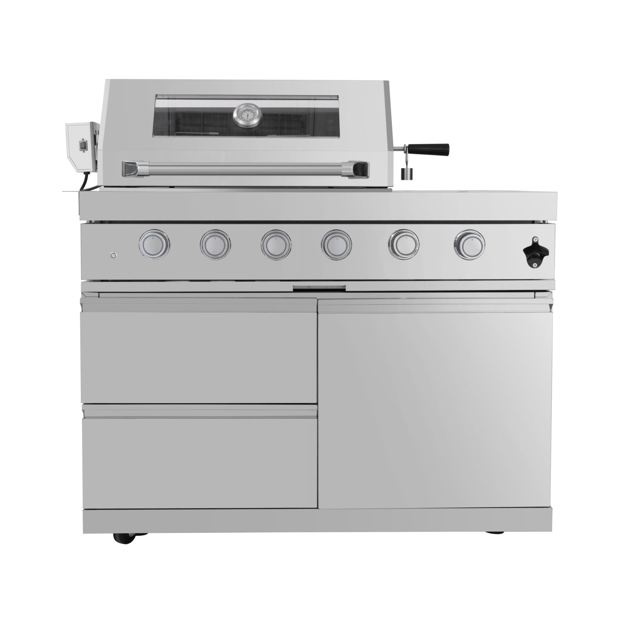Imperial 110-Inch 4-Burner 72K BTU Deluxe Stainless Steel Outdoor Kitchen Grill Island With Wine Cooler, Rotisserie, Cabinets, And Granite Countertops