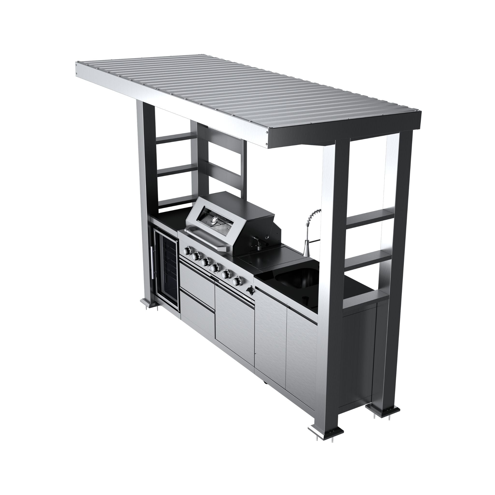 Imperial 110-Inch 4-Burner 72K BTU Deluxe Stainless Steel Outdoor Kitchen Grill Island With Wine Cooler, Rotisserie, Cabinets, And Granite Countertops