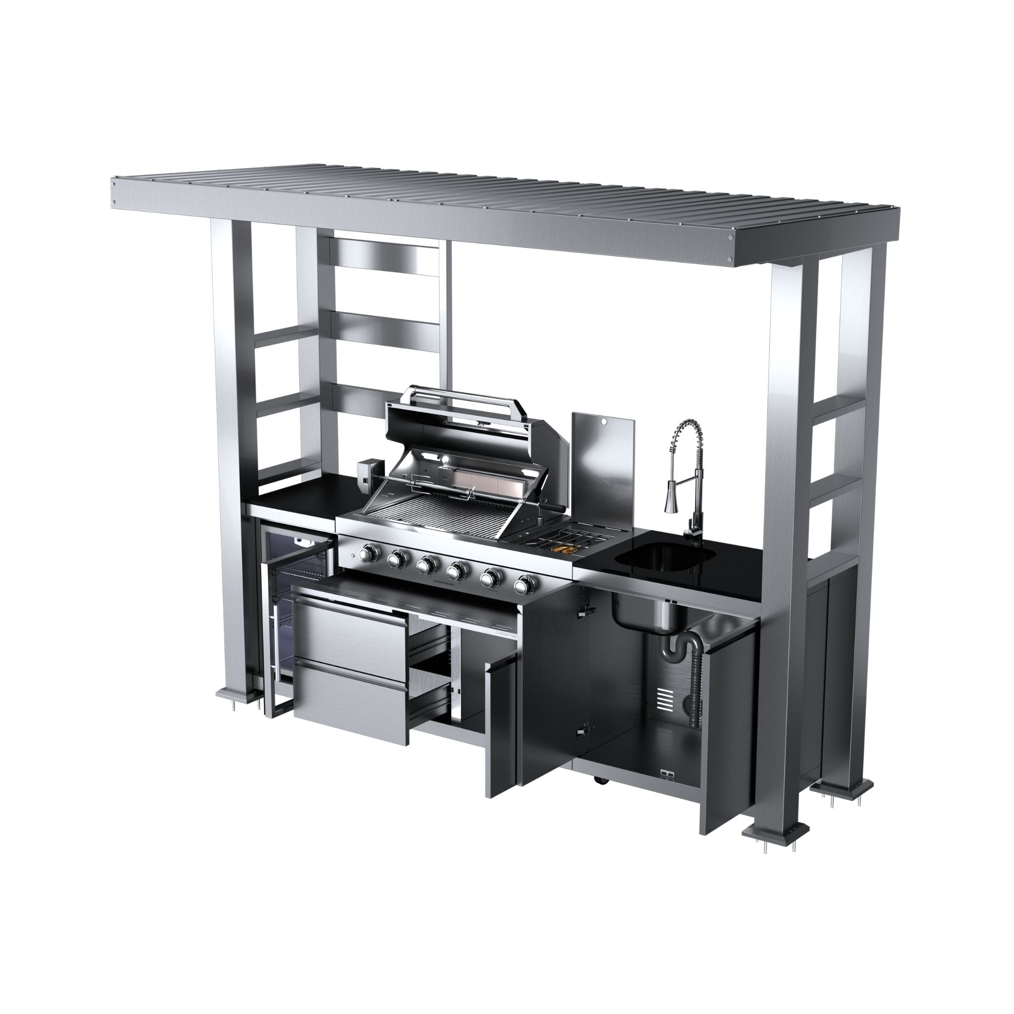 Imperial 110-Inch 4-Burner 72K BTU Deluxe Stainless Steel Outdoor Kitchen Grill Island With Wine Cooler, Rotisserie, Cabinets, And Granite Countertops