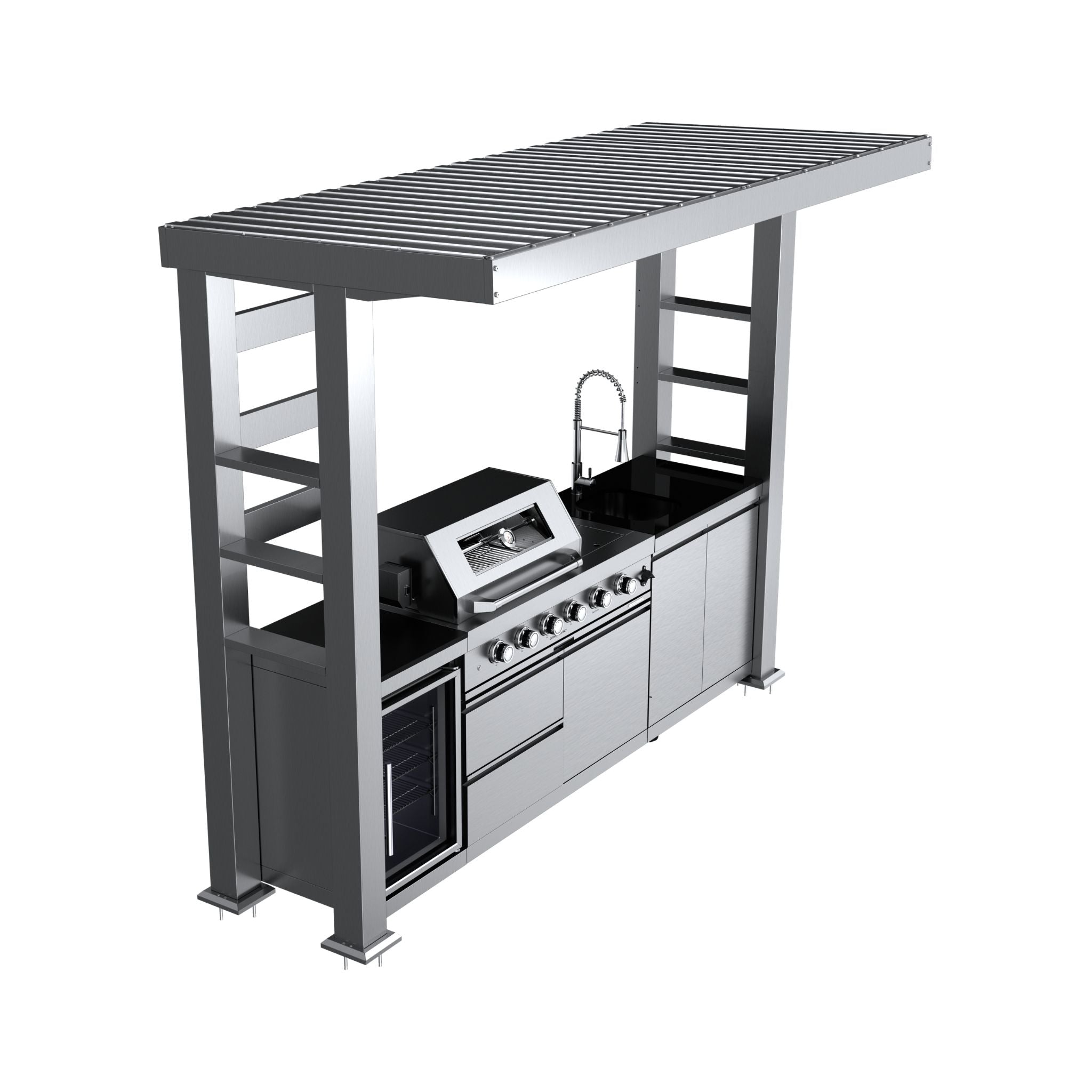 Imperial 110-Inch 4-Burner 72K BTU Deluxe Stainless Steel Outdoor Kitchen Grill Island With Wine Cooler, Rotisserie, Cabinets, And Granite Countertops