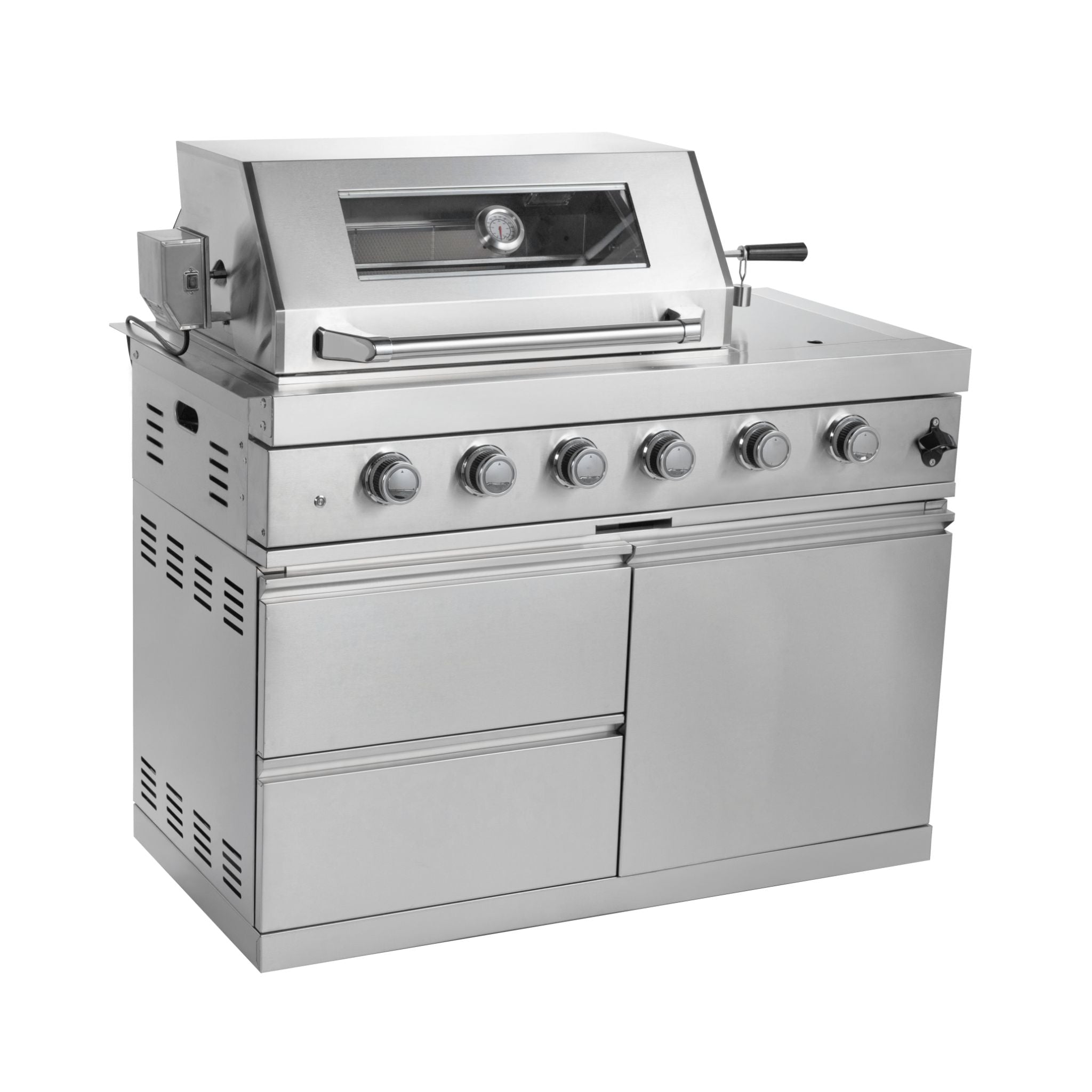 Imperial 110-Inch 4-Burner 72K BTU Deluxe Stainless Steel Outdoor Kitchen Grill Island With Wine Cooler, Rotisserie, Cabinets, And Granite Countertops