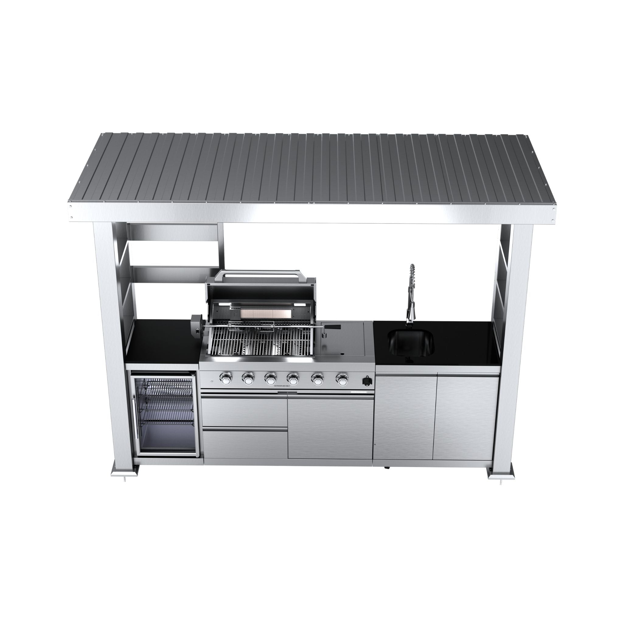 Imperial 110-Inch 4-Burner 72K BTU Deluxe Stainless Steel Outdoor Kitchen Grill Island With Wine Cooler, Rotisserie, Cabinets, And Granite Countertops