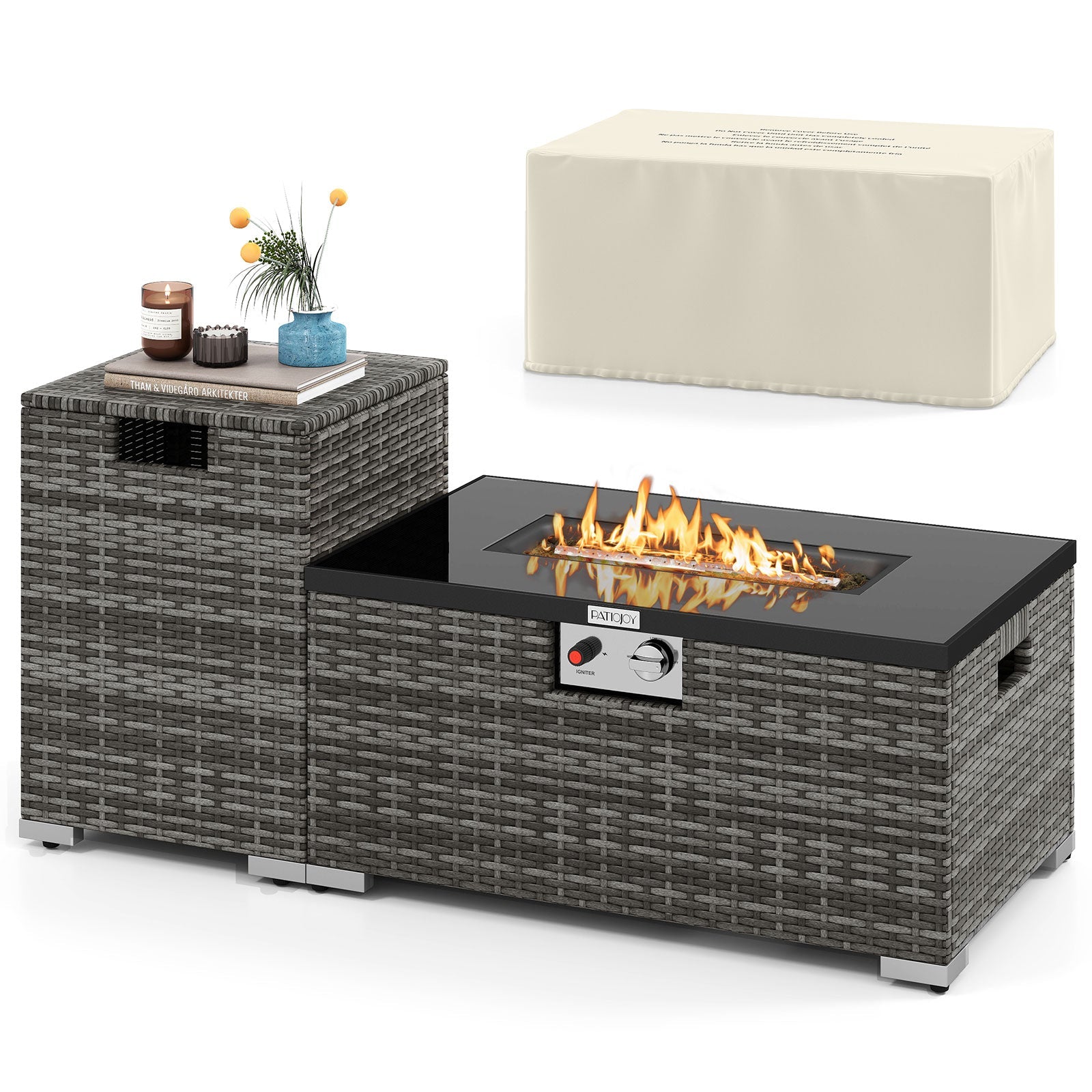2-Piece Outdoor Rattan Fire Table Set - 32 Inch Rectangle Gas Firepit with Tank Cover - 3 colors