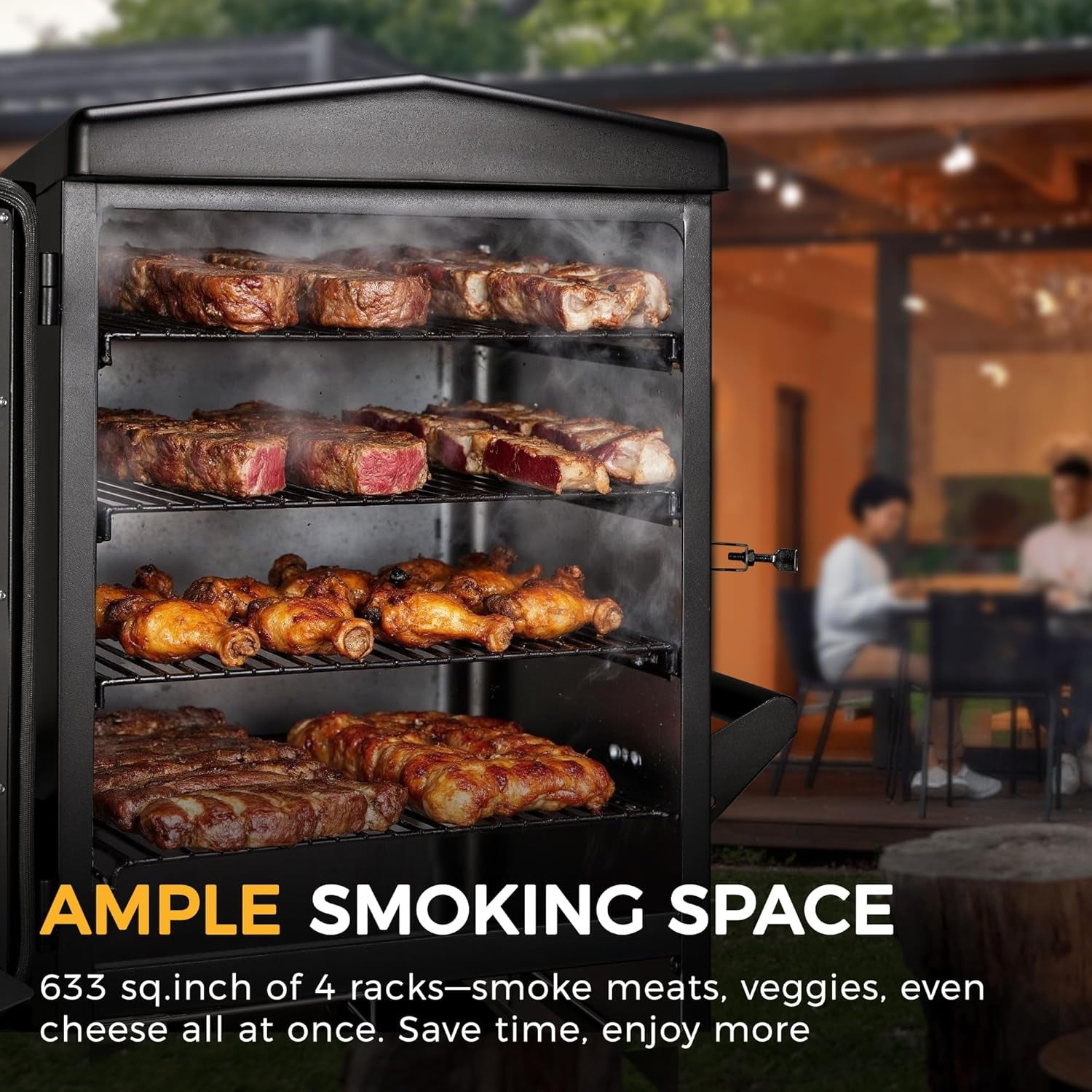Electric Smoker with Cover, LED Display Build in Meat Probe Large Capacity BBQ Smokers, 4 Racks Smoke More with 633 Sq in Cooking Area, Black