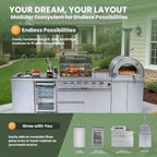 112-Inch 4-Burner 108K BTU Outdoor Kitchen Island With Pizza Oven, Rotisserie & Refrigerator