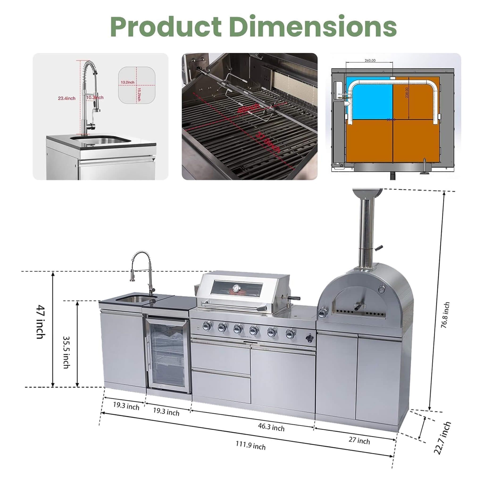 112-Inch 4-Burner 108K BTU Outdoor Kitchen Island With Pizza Oven, Rotisserie & Refrigerator