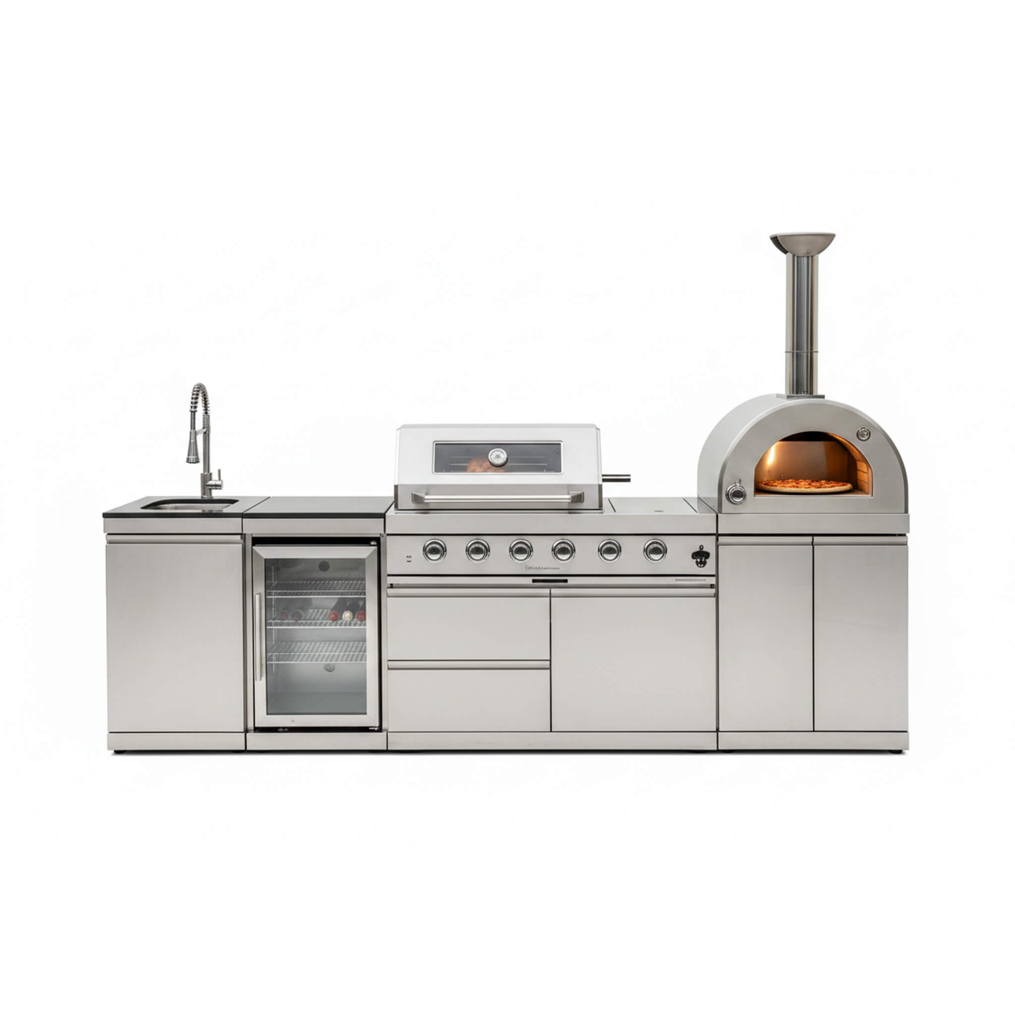 112-Inch 4-Burner 108K BTU Outdoor Kitchen Island With Pizza Oven, Rotisserie & Refrigerator