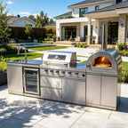 112-Inch 4-Burner 108K BTU Outdoor Kitchen Island With Pizza Oven, Rotisserie & Refrigerator