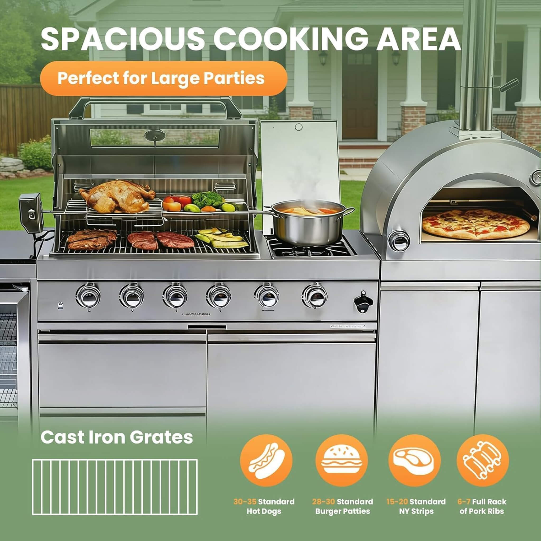 112-Inch 4-Burner 108K BTU Outdoor Kitchen Island With Pizza Oven, Rotisserie & Refrigerator
