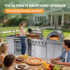 112-Inch 4-Burner 108K BTU Outdoor Kitchen Island With Pizza Oven, Rotisserie & Refrigerator
