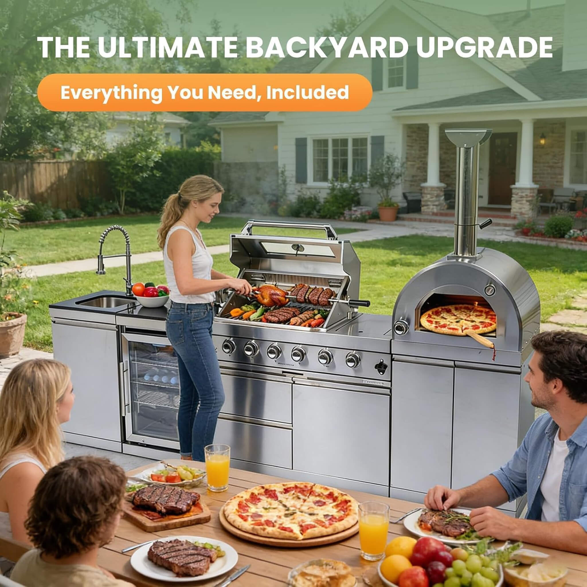 112-Inch 4-Burner 108K BTU Outdoor Kitchen Island With Pizza Oven, Rotisserie & Refrigerator