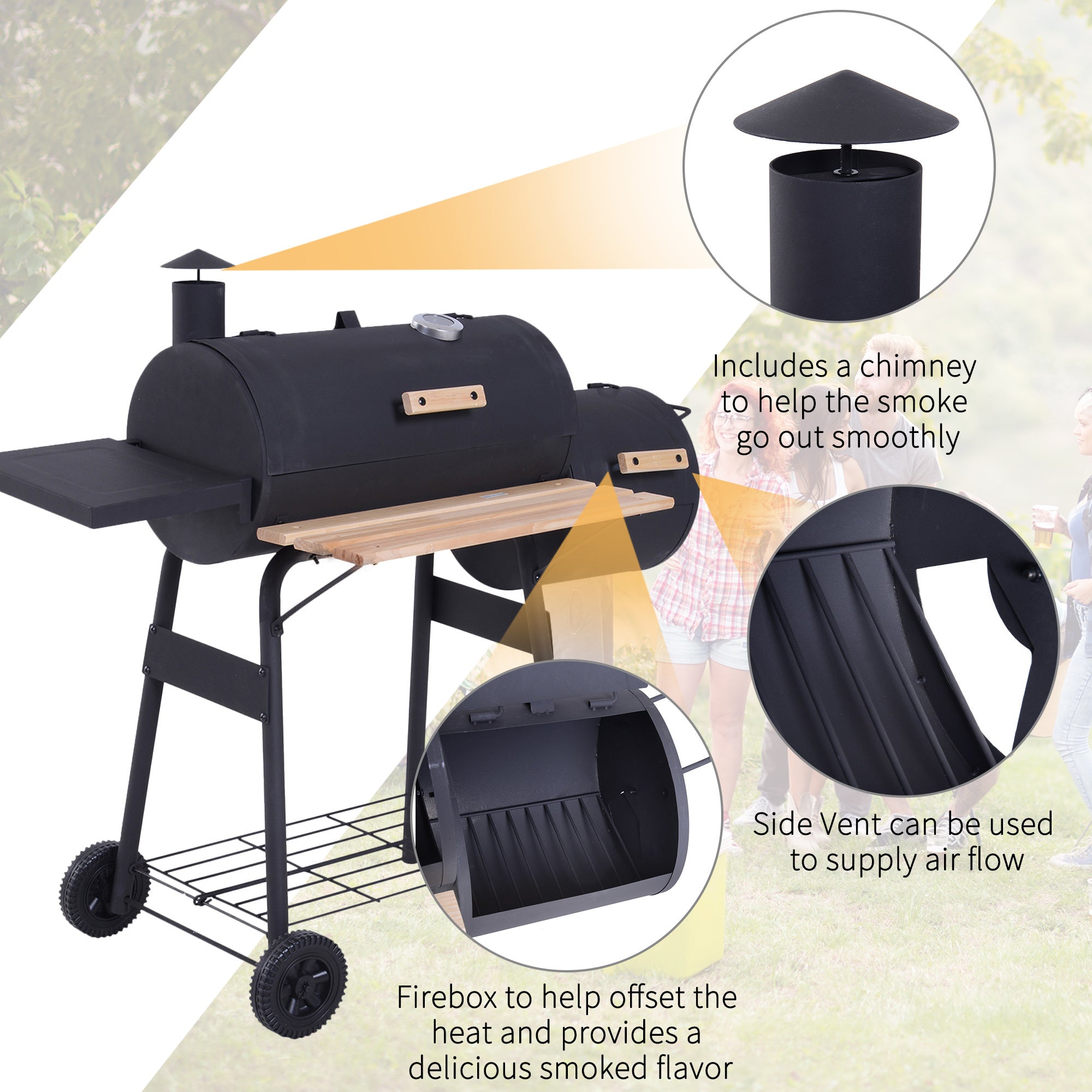 48" Steel Portable Backyard Charcoal BBQ Grill and Offset Smoker Combo