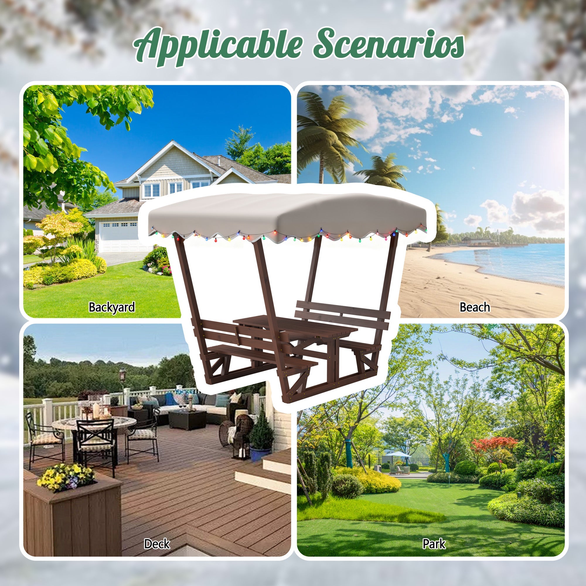 Outdoor Waterproof Solid Wood Picnic Table and Bench Set with Removable Canopy