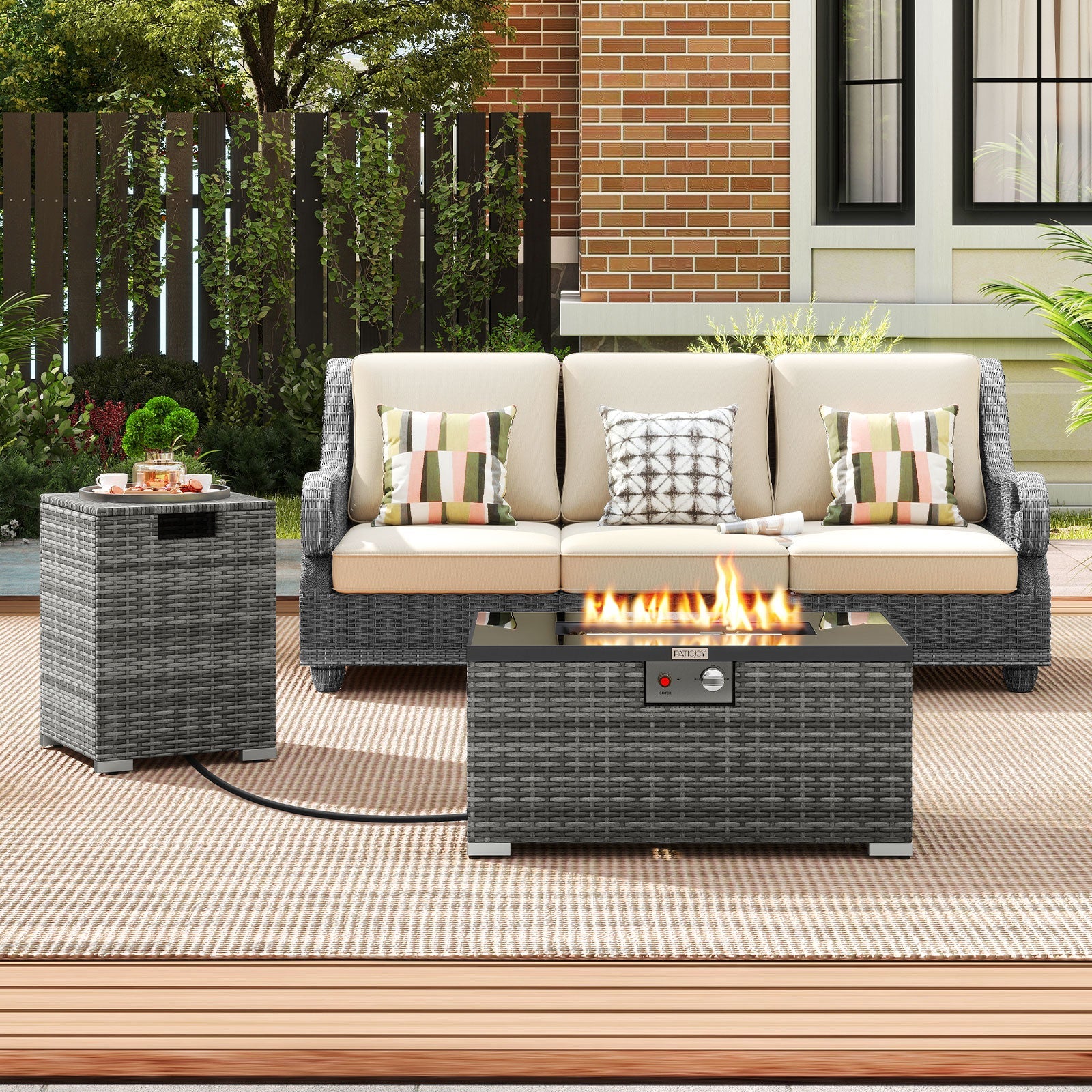 2-Piece Outdoor Rattan Fire Table Set - 32 Inch Rectangle Gas Firepit with Tank Cover - 3 colors