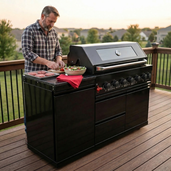 Black 6-Burner 85000 BTU Deluxe Stainless Steel Propane Gas Outdoor Kitchen Barbecue Island Grill with Marble